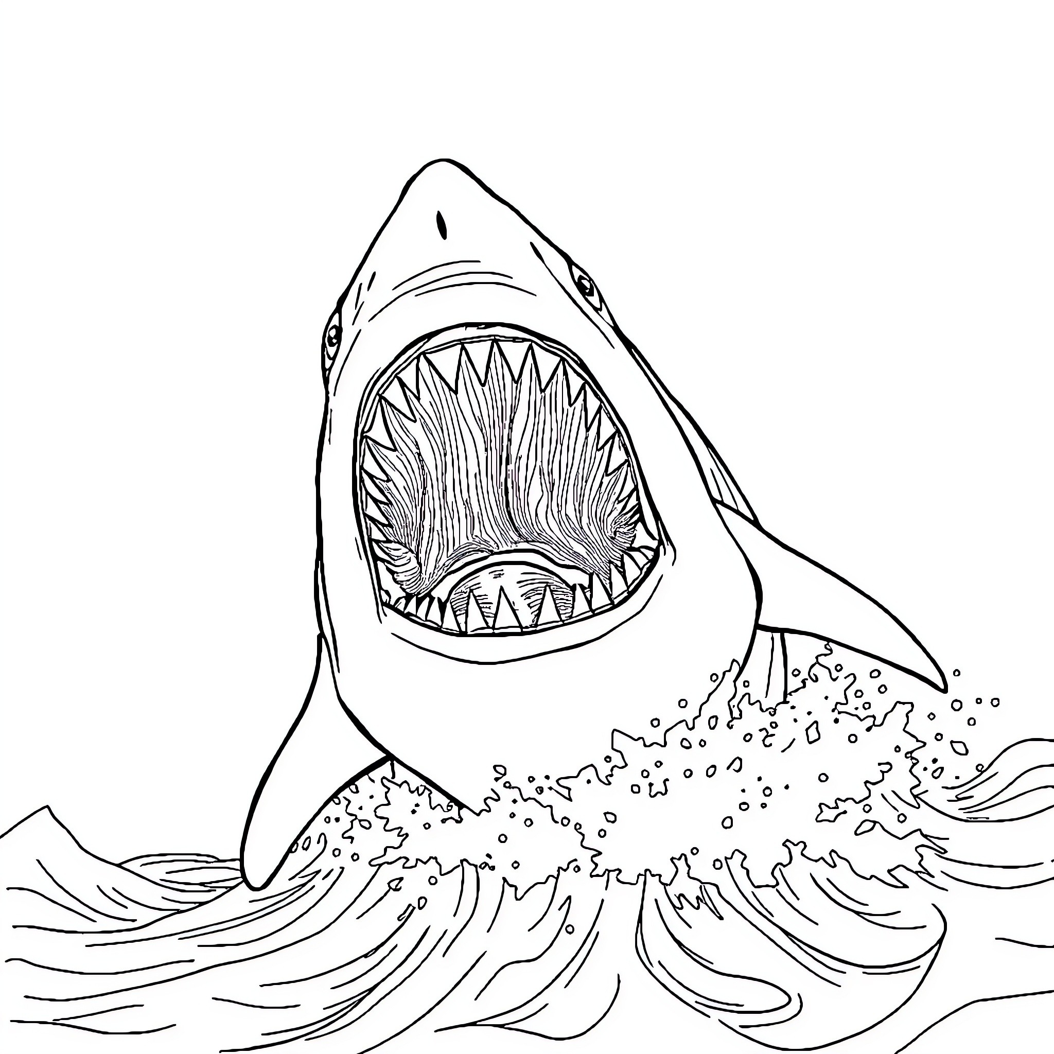 Great White Shark with Gaping Jaws in Turbulent Waves Coloring Page (free black-and-white line drawing printable PDF for all, from beginners to advanced learners, including children, teens, adults, and seniors)