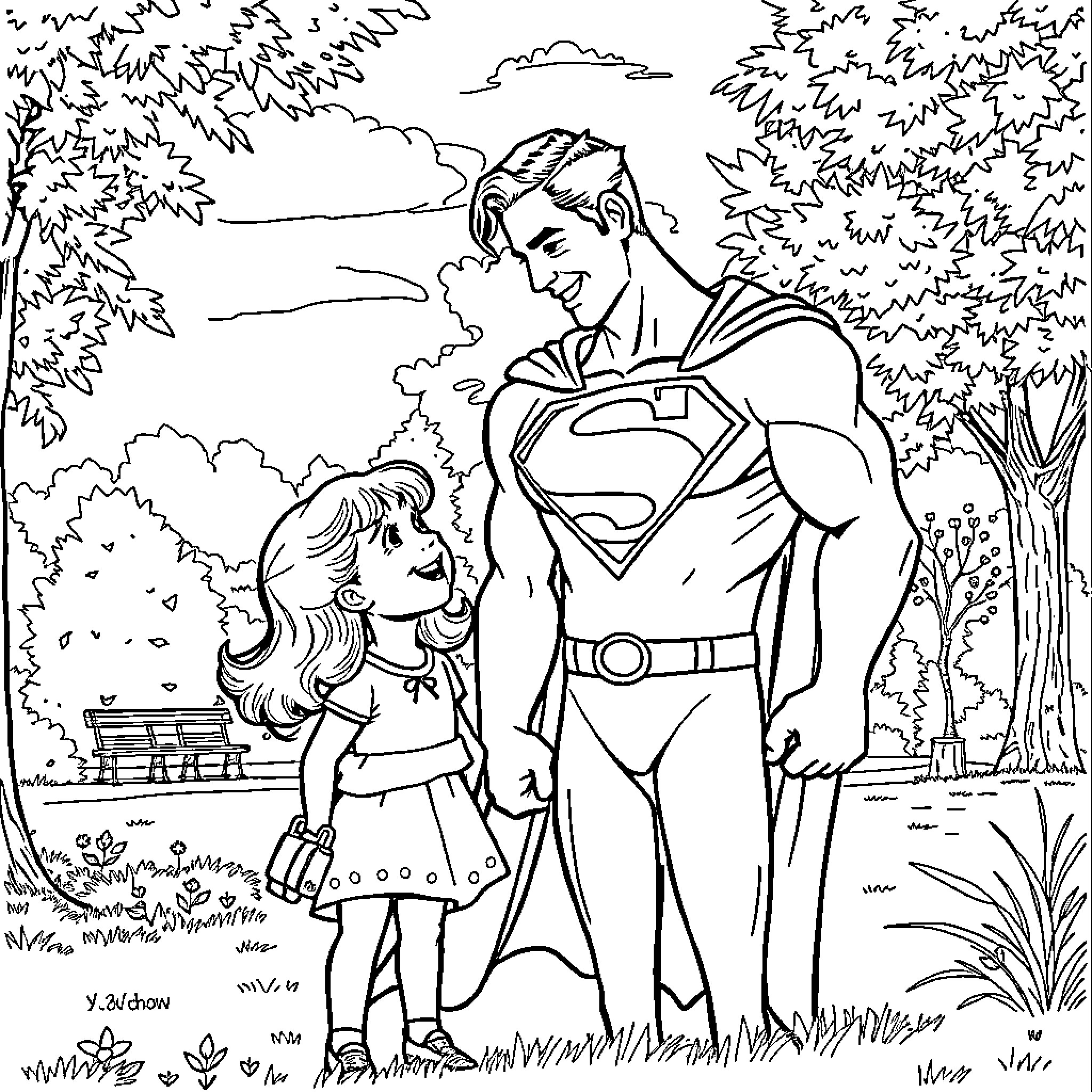 Superman rescuing a young girl in a park Coloring Page (free black-and-white line drawing printable PDF for all, from beginners to advanced learners, including children, teens, adults, and seniors)