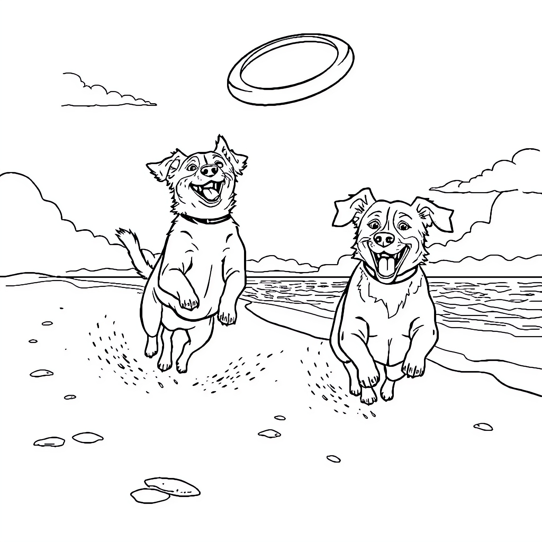 Dogs playing joyfully on the beach Coloring Page (free black-and-white line drawing printable PDF for all, from beginners to advanced learners, including children, teens, adults, and seniors)