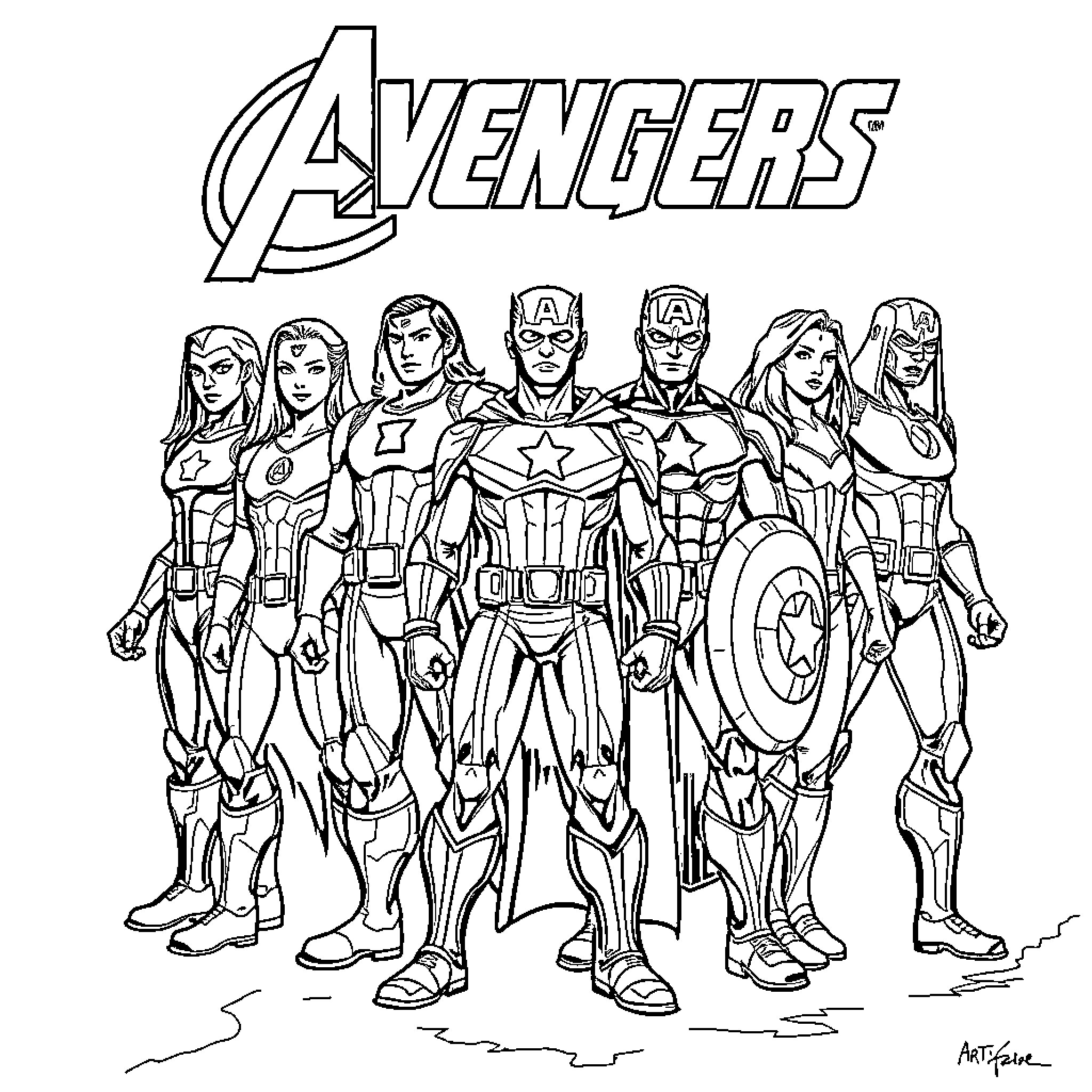 Avengers in heroic poses and costumes Coloring Page (free black-and-white line drawing printable PDF for all, from beginners to advanced learners, including children, teens, adults, and seniors)