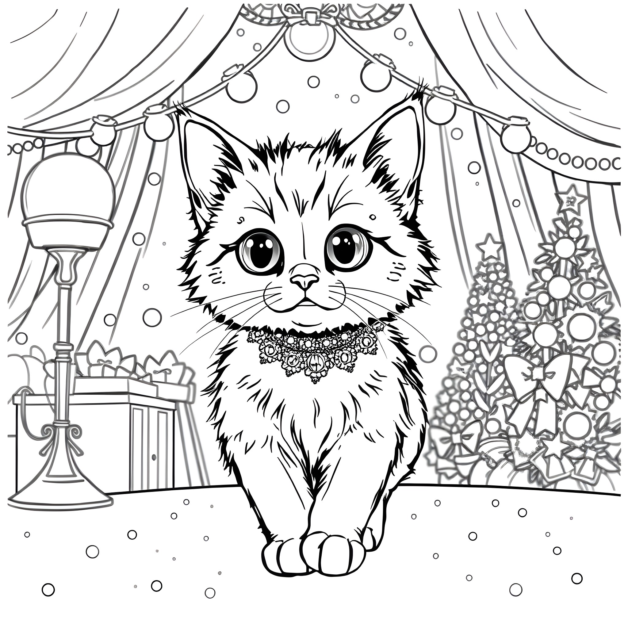 Cat performing in a festive circus show Coloring Page (free black-and-white line drawing printable PDF for all, from beginners to advanced learners, including children, teens, adults, and seniors)