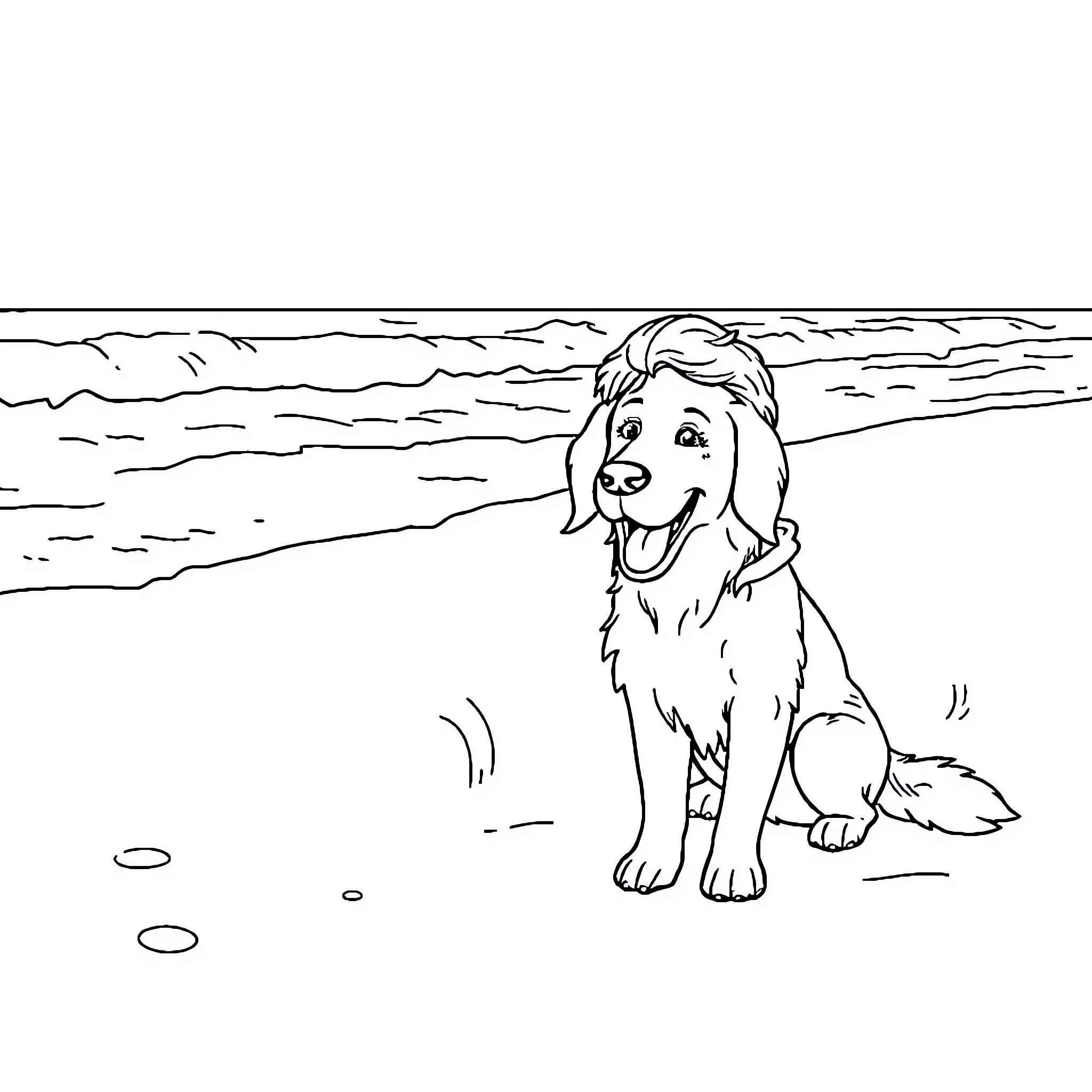 Girl and her Cheerful Dog at the Beach Coloring Page (free black-and-white line drawing printable PDF for all, from beginners to advanced learners, including children, teens, adults, and seniors)