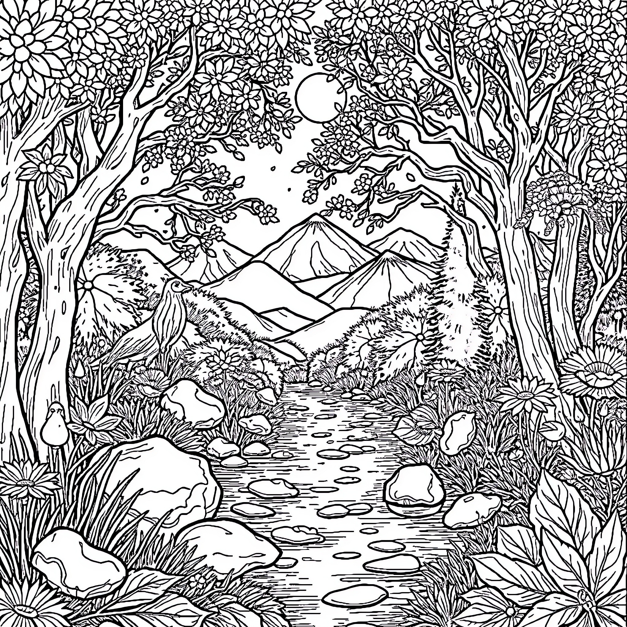 Balance in the Enchanting Forest Wilderness Coloring Page (free black-and-white line drawing printable PDF for all, from beginners to advanced learners, including children, teens, adults, and seniors)