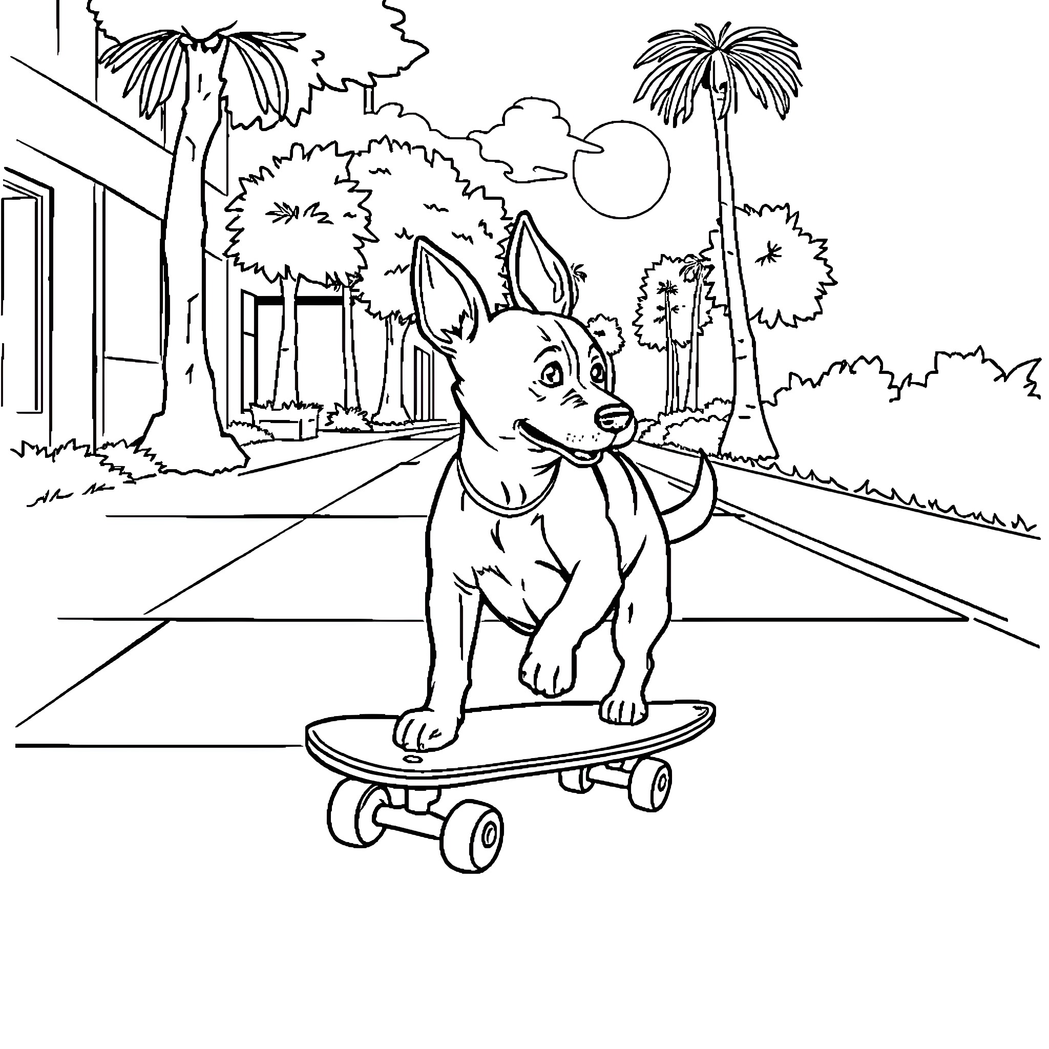 Jack Russell Terrier riding skateboard in tropical setting Coloring Page (free black-and-white line drawing printable PDF for all, from beginners to advanced learners, including children, teens, adults, and seniors)