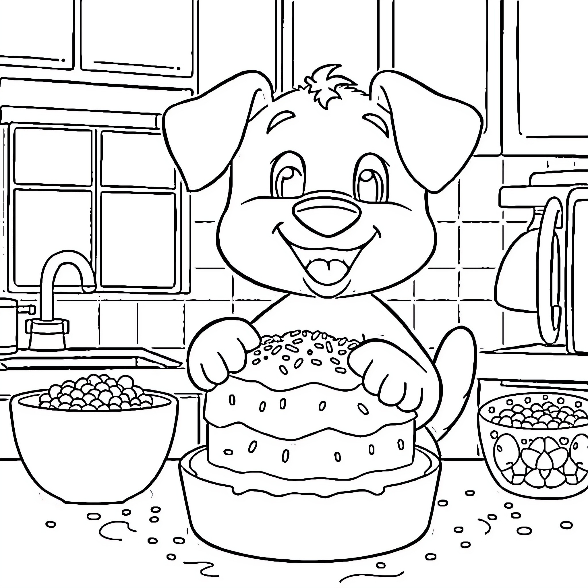 Bluey baking a cake in the kitchen Coloring Page (free black-and-white line drawing printable PDF for all, from beginners to advanced learners, including children, teens, adults, and seniors)