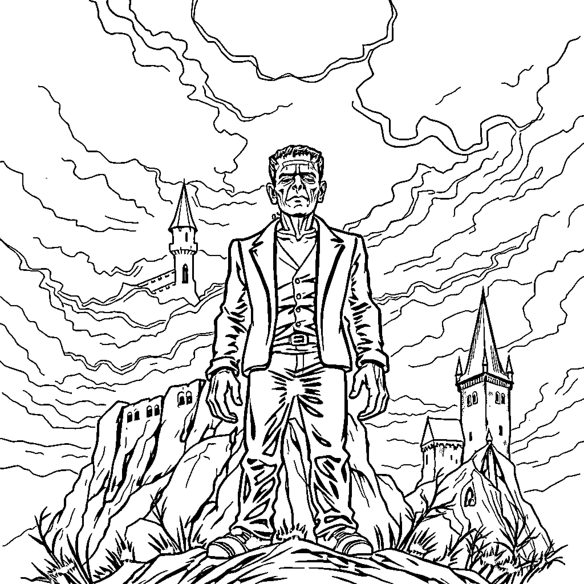 Frankenstein's Creature Stands Amidst Stormy Castles Coloring Page (free black-and-white line drawing printable PDF for all, from beginners to advanced learners, including children, teens, adults, and seniors)