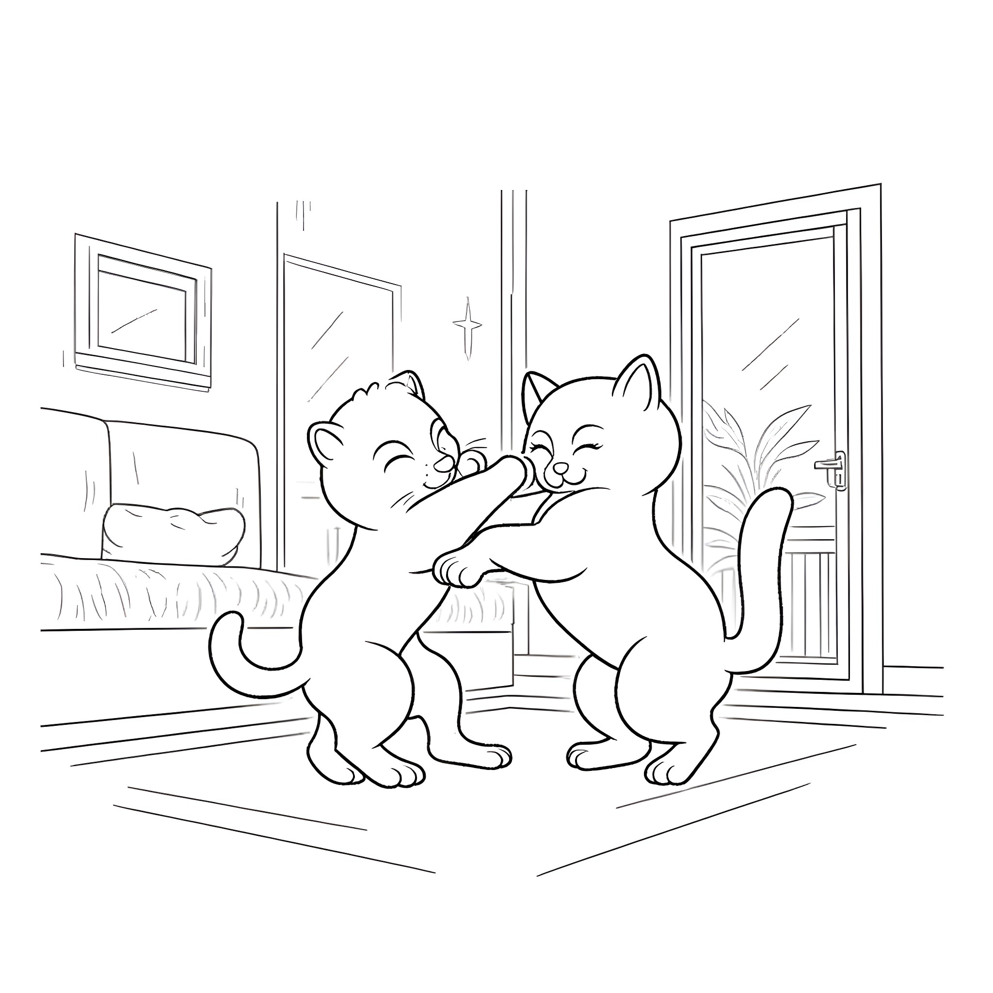 Cats playing and cuddling in the house Coloring Page (free black-and-white line drawing printable PDF for all, from beginners to advanced learners, including children, teens, adults, and seniors)