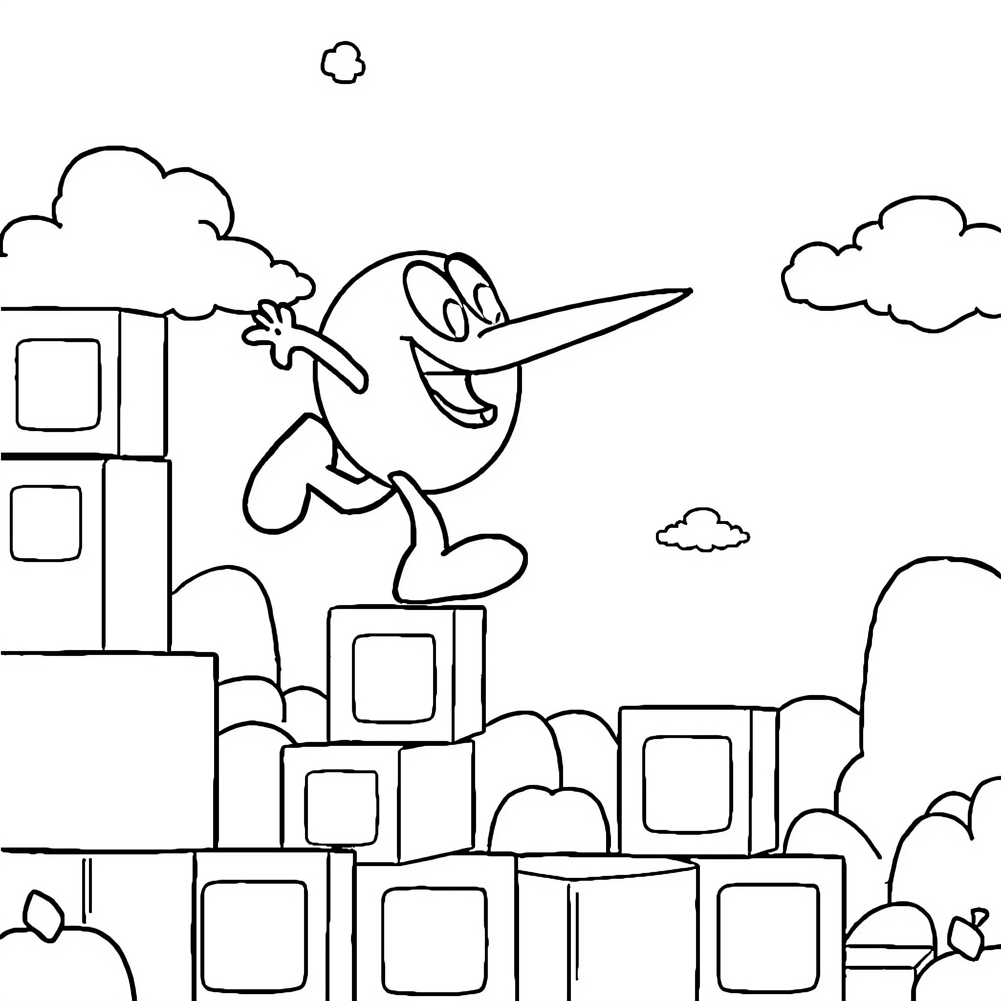 Qbert jumping and smiling in a cityscape Coloring Page (free black-and-white line drawing printable PDF for all, from beginners to advanced learners, including children, teens, adults, and seniors)