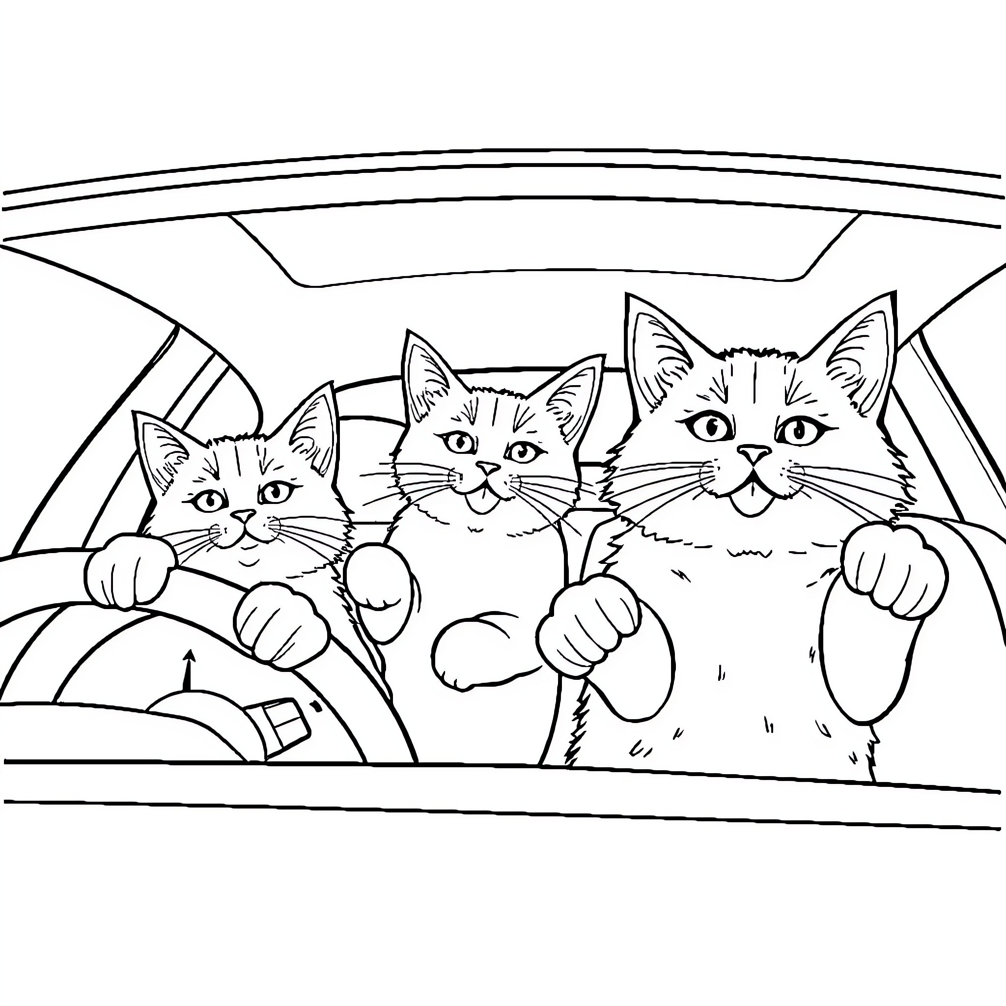 Cats traveling together in a car Coloring Page (free black-and-white line drawing printable PDF for all, from beginners to advanced learners, including children, teens, adults, and seniors)