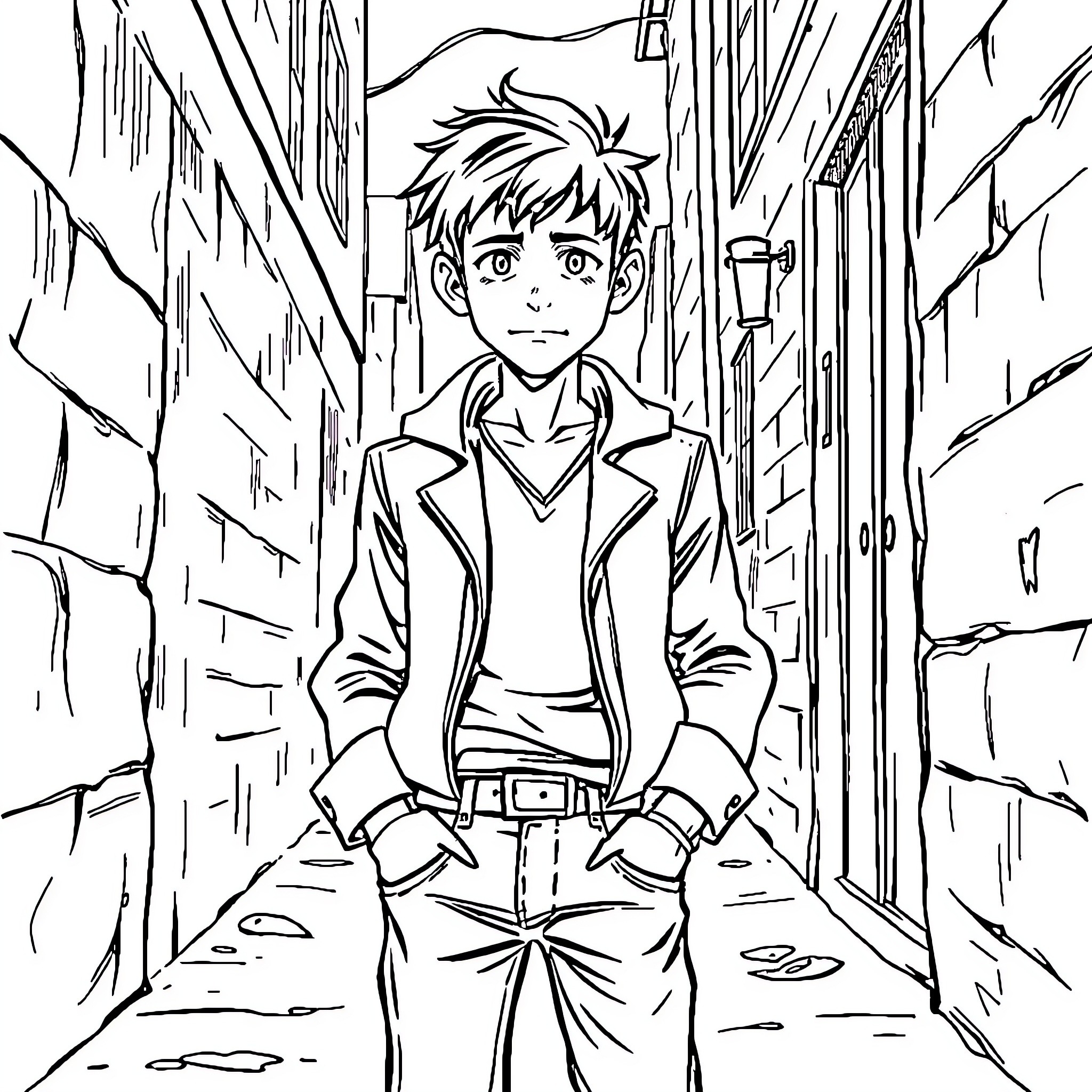 Johnny Cade's Thoughtful Pose in the Alley Coloring Page (free black-and-white line drawing printable PDF for all, from beginners to advanced learners, including children, teens, adults, and seniors)