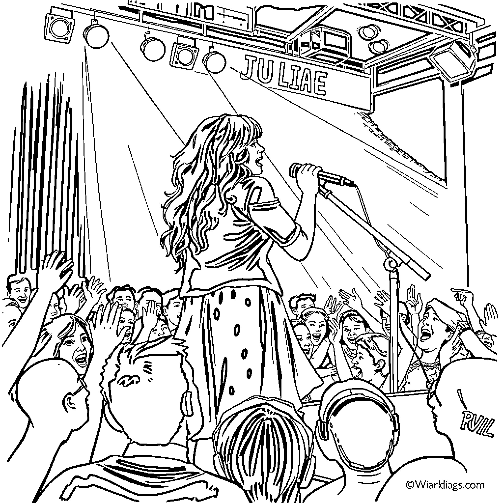 Julia performing on stage with band and crowd Coloring Page (free black-and-white line drawing printable PDF for all, from beginners to advanced learners, including children, teens, adults, and seniors)