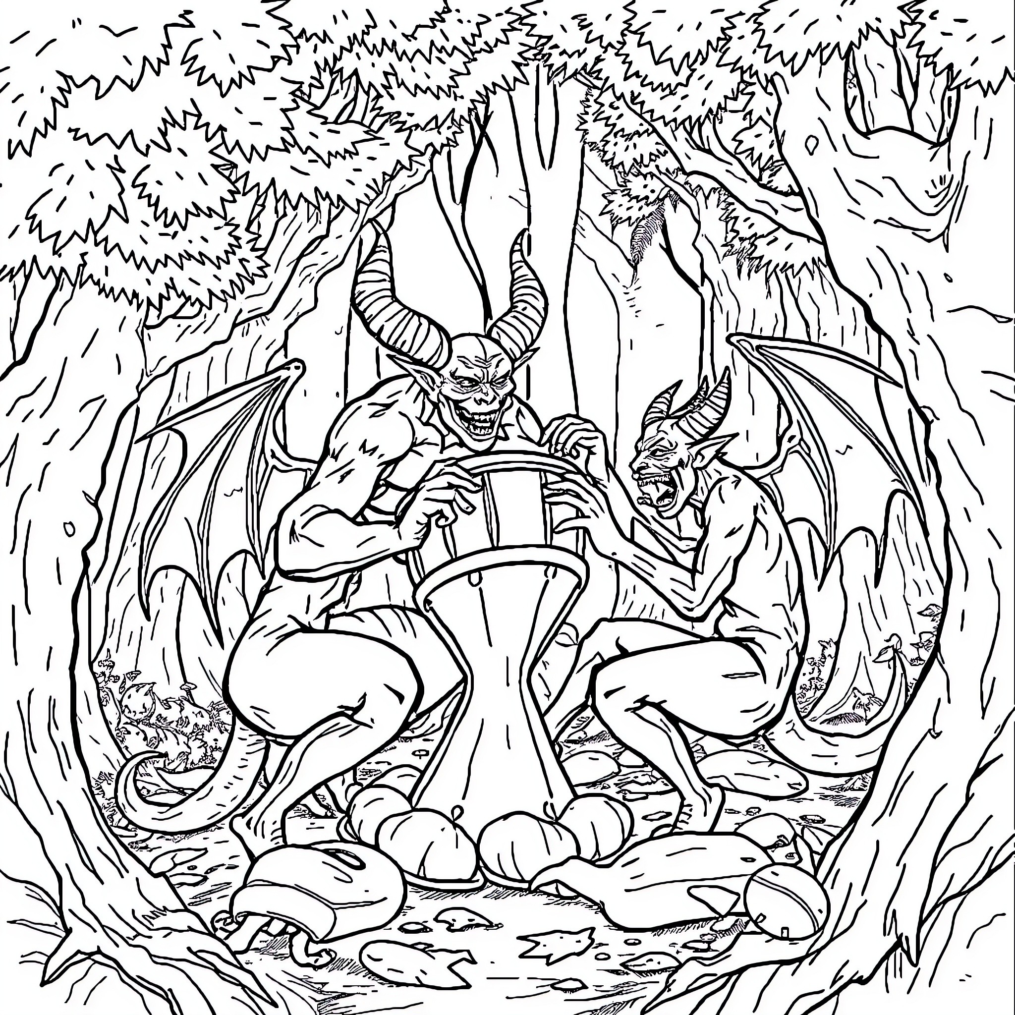 Demon Creatures Gathered Around Cauldron in Enchanted Forest Coloring Page (free black-and-white line drawing printable PDF for all, from beginners to advanced learners, including children, teens, adults, and seniors)