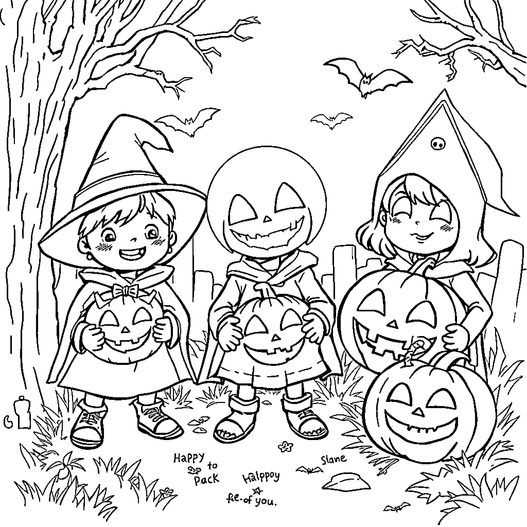 Halloween fun with costumed kids and jack-o'-lanterns Coloring Page (free black-and-white line drawing printable PDF for all, from beginners to advanced learners, including children, teens, adults, and seniors)