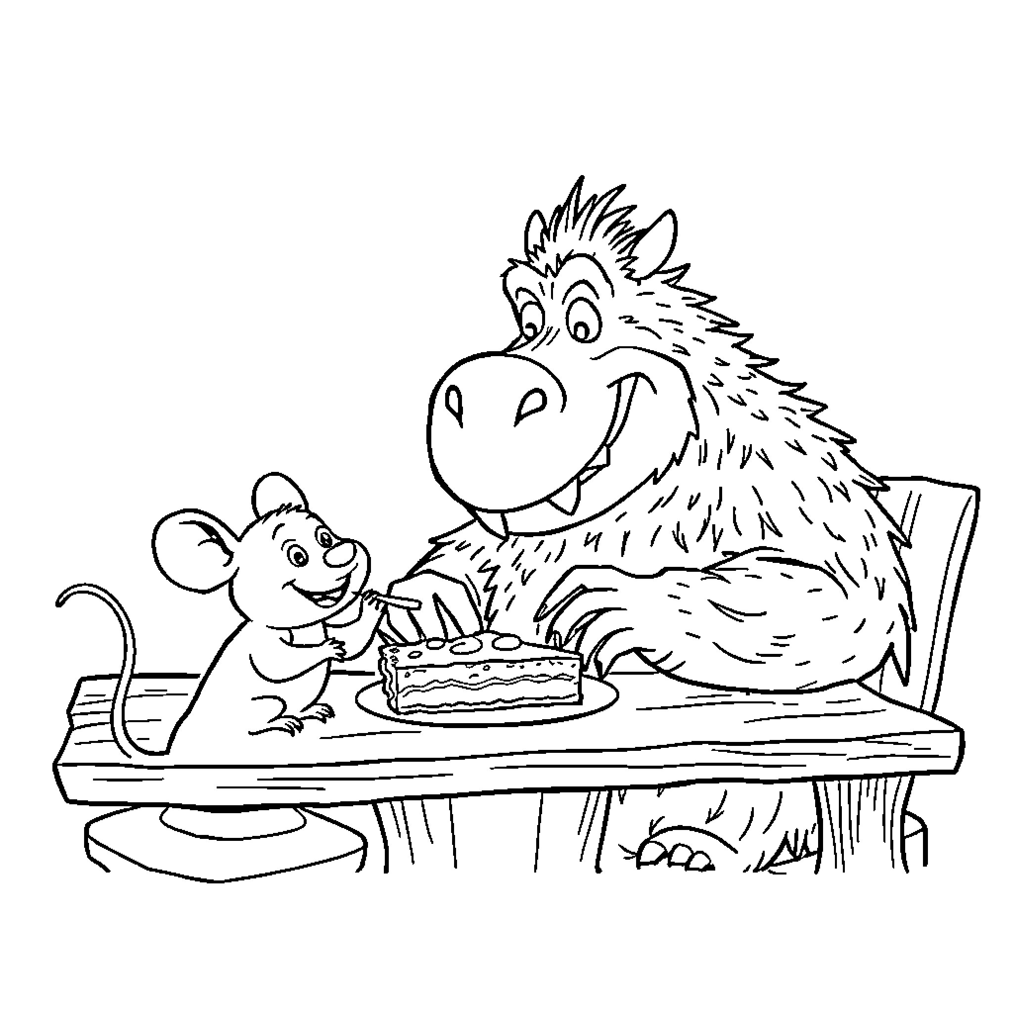 Gruffalo enjoying a birthday cake with a mouse Coloring Page (free black-and-white line drawing printable PDF for all, from beginners to advanced learners, including children, teens, adults, and seniors)