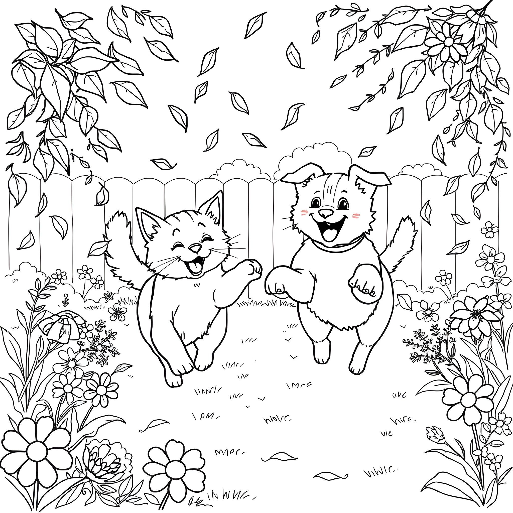 Cat and Dog Playing Happily in a Floral Garden Coloring Page (free black-and-white line drawing printable PDF for all, from beginners to advanced learners, including children, teens, adults, and seniors)