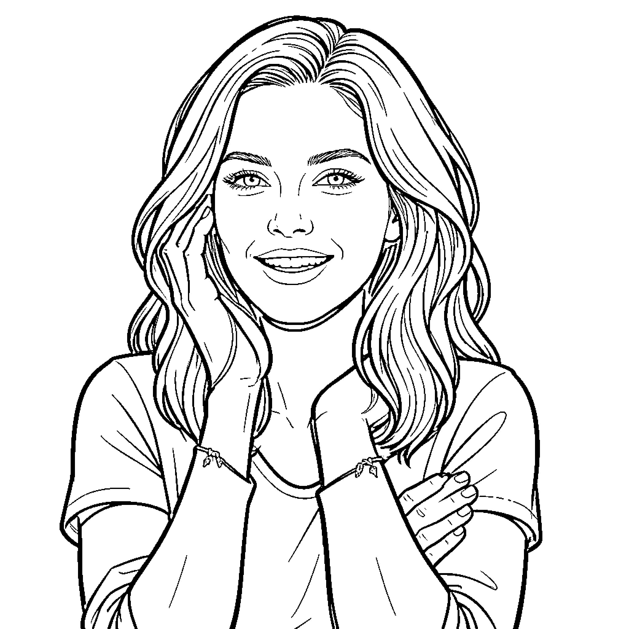 Scarlett Johansson smiling with hands near her face Coloring Page (free black-and-white line drawing printable PDF for all, from beginners to advanced learners, including children, teens, adults, and seniors)