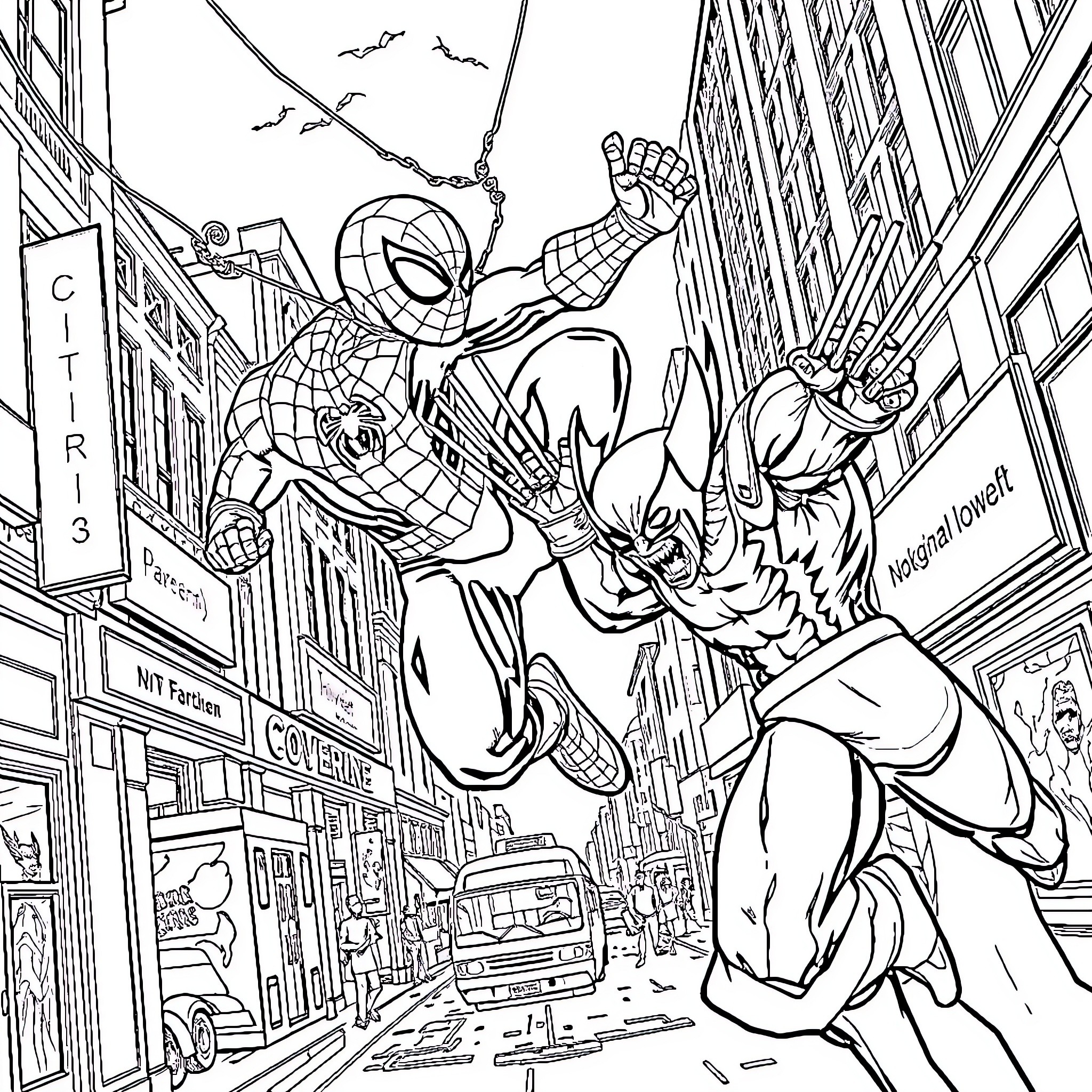Spider-Man swinging through the city and battling villains Coloring Page (free black-and-white line drawing printable PDF for all, from beginners to advanced learners, including children, teens, adults, and seniors)