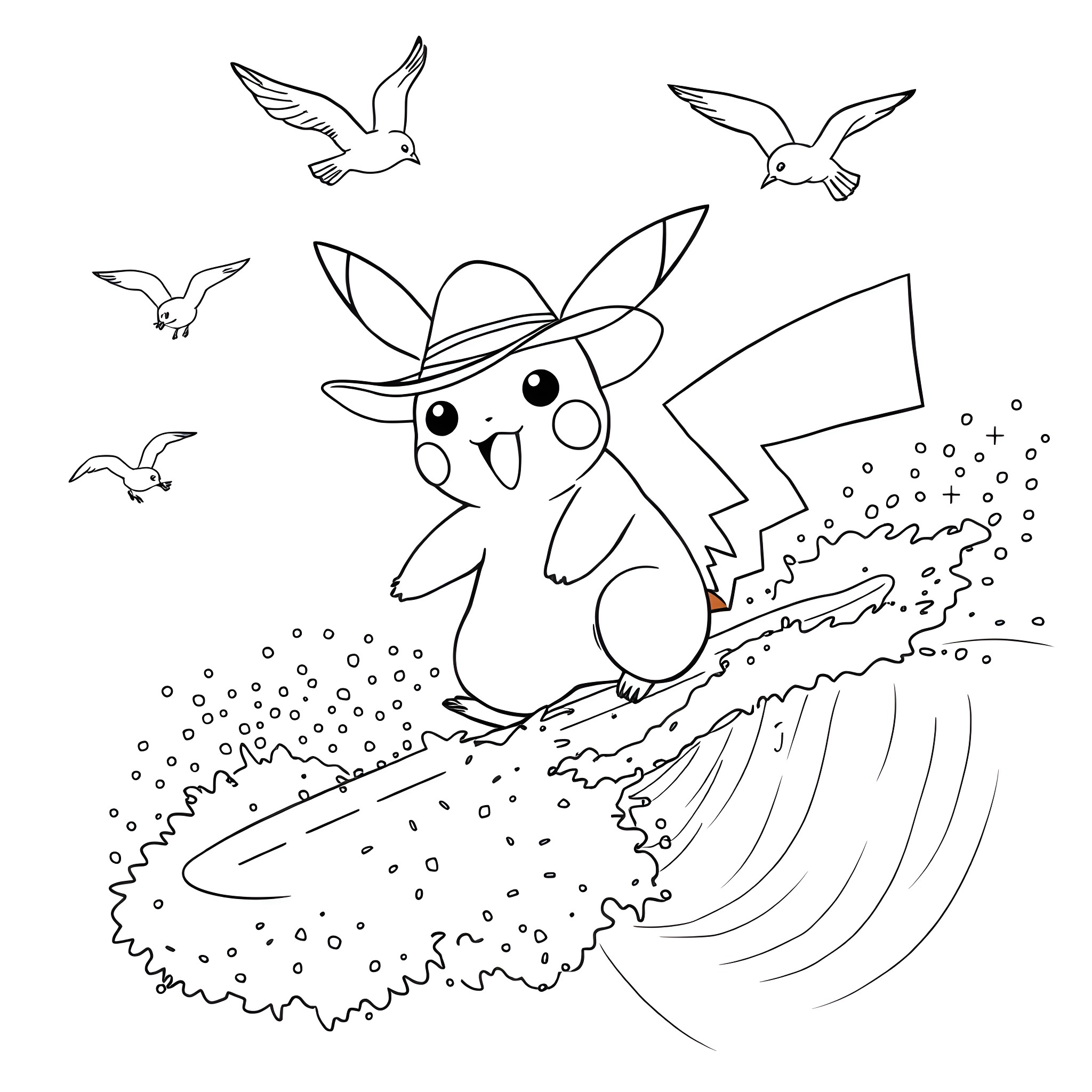 Pikachu enjoying a beach day with seagulls Coloring Page (free black-and-white line drawing printable PDF for all, from beginners to advanced learners, including children, teens, adults, and seniors)