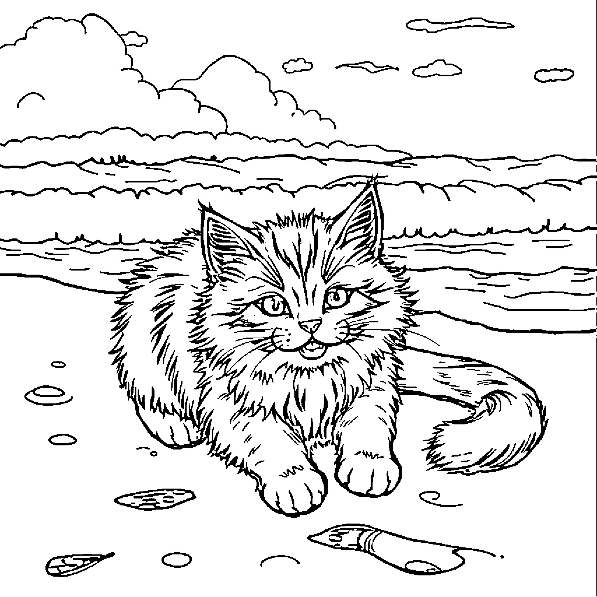 Cat exploring the beach on a stormy day Coloring Page (free black-and-white line drawing printable PDF for all, from beginners to advanced learners, including children, teens, adults, and seniors)