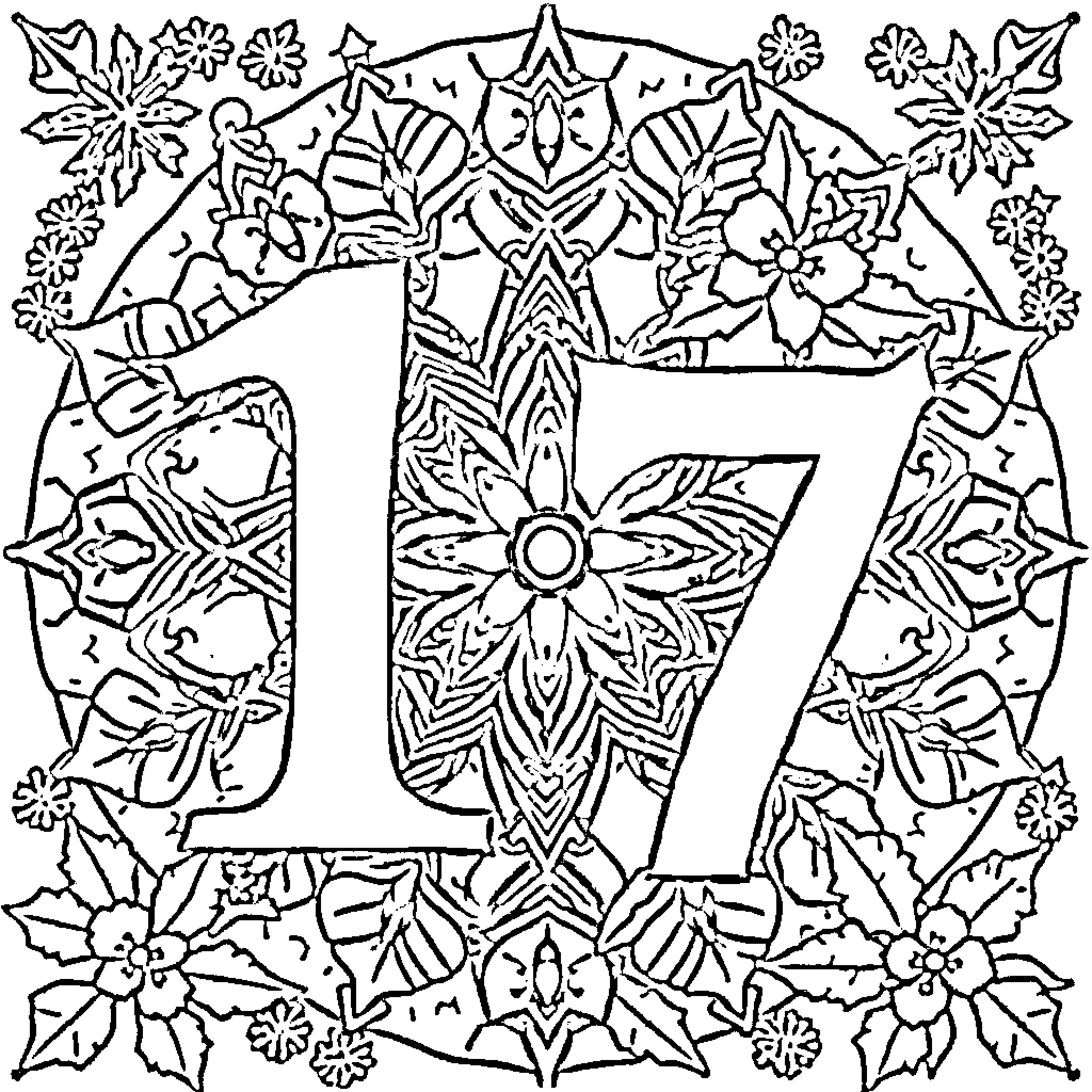 Number 17 Surrounded by Floral Patterns Coloring Page (free black-and-white line drawing printable PDF for all, from beginners to advanced learners, including children, teens, adults, and seniors)
