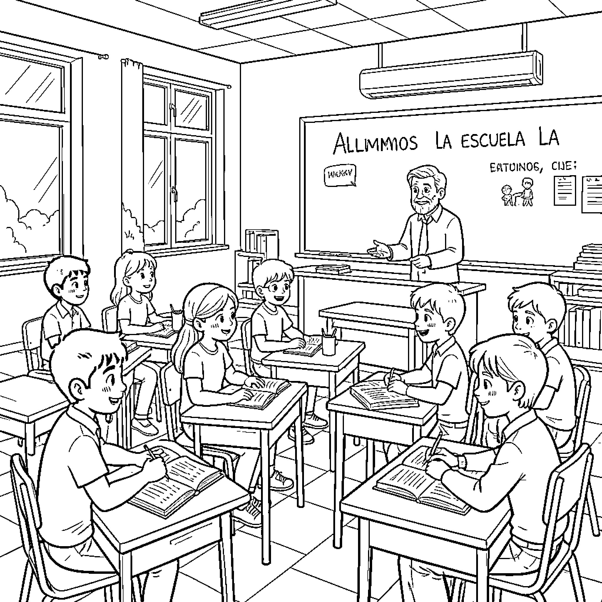 Students Learning in Classroom with Teacher Coloring Page (free black-and-white line drawing printable PDF for all, from beginners to advanced learners, including children, teens, adults, and seniors)
