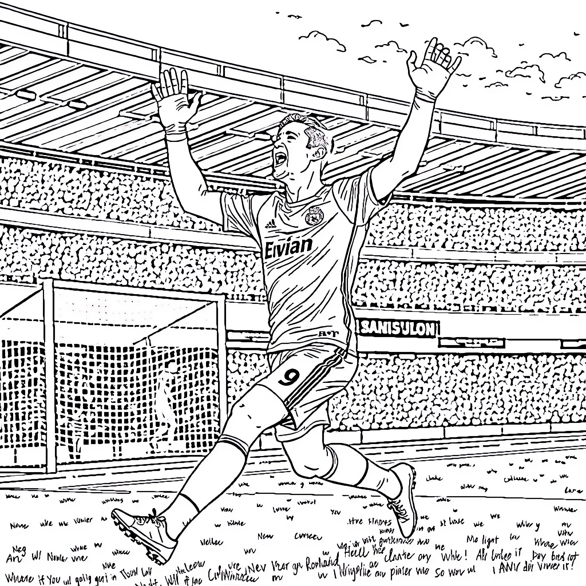 Cristiano Ronaldo celebrating after scoring a goal Coloring Page (free black-and-white line drawing printable PDF for all, from beginners to advanced learners, including children, teens, adults, and seniors)