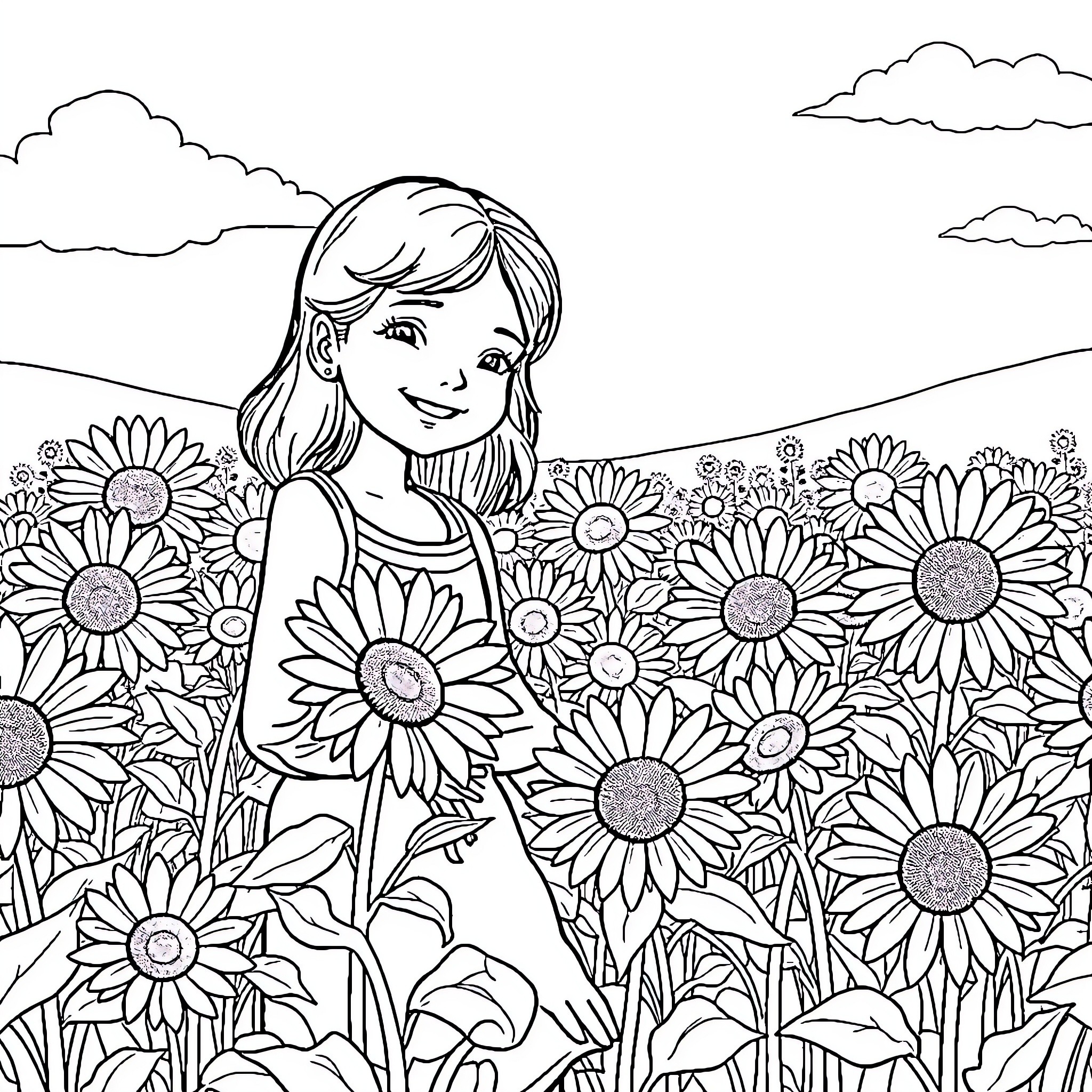 Sunflower girl enjoying a meadow of flowers Coloring Page (free black-and-white line drawing printable PDF for all, from beginners to advanced learners, including children, teens, adults, and seniors)