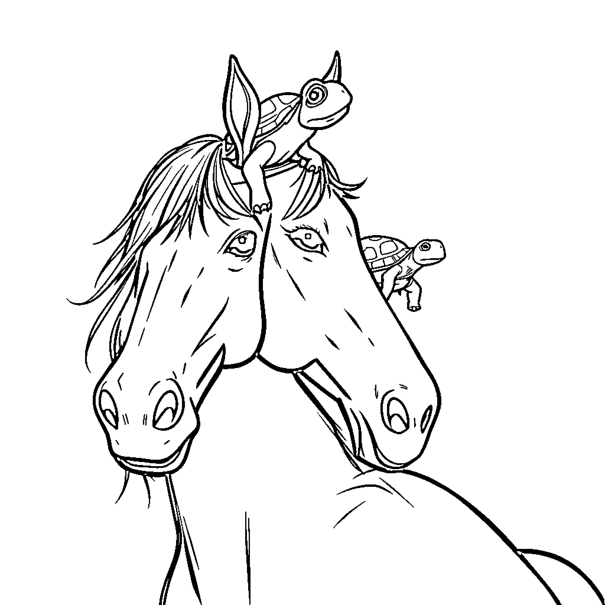 Turtle riding a majestic horse with a frog friend Coloring Page (free black-and-white line drawing printable PDF for all, from beginners to advanced learners, including children, teens, adults, and seniors)