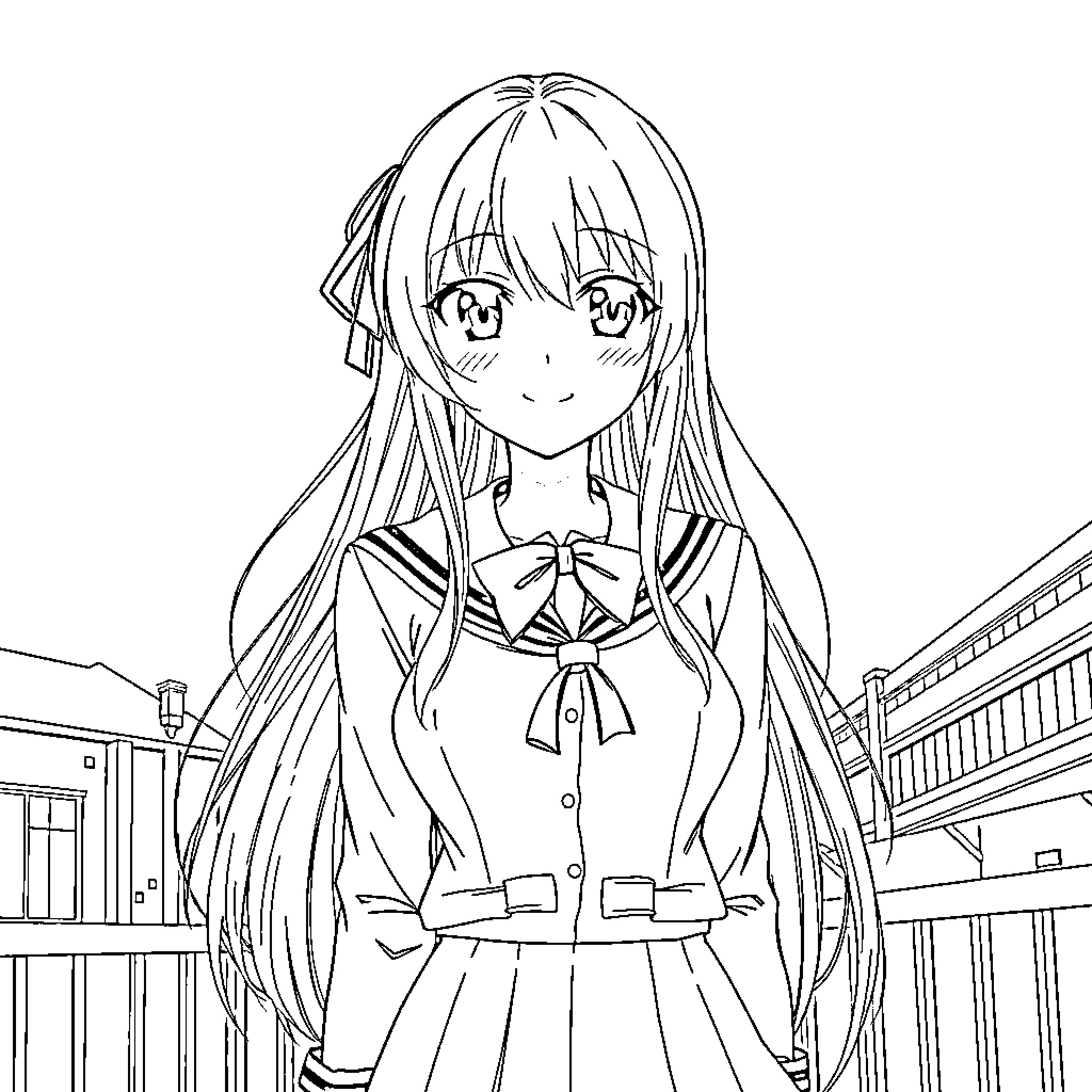 Moka Akashiya in Contemplative School Uniform Coloring Page (free black-and-white line drawing printable PDF for all, from beginners to advanced learners, including children, teens, adults, and seniors)