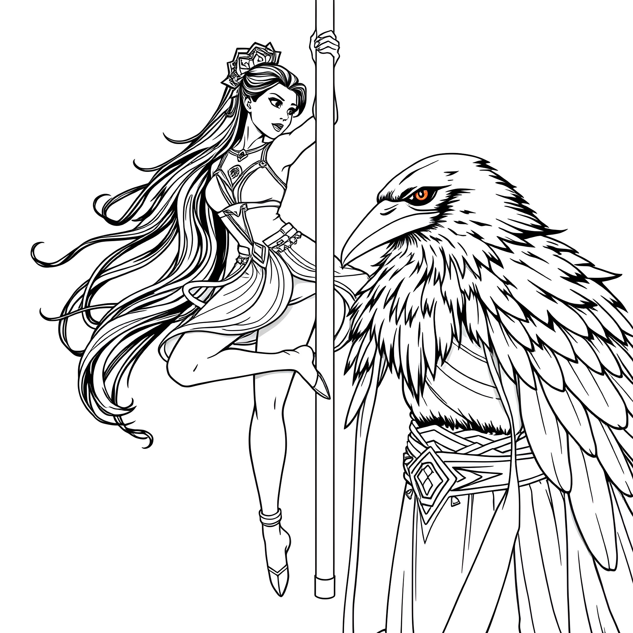 Azula, the fierce warrior with a powerful eagle Coloring Page (free black-and-white line drawing printable PDF for all, from beginners to advanced learners, including children, teens, adults, and seniors)