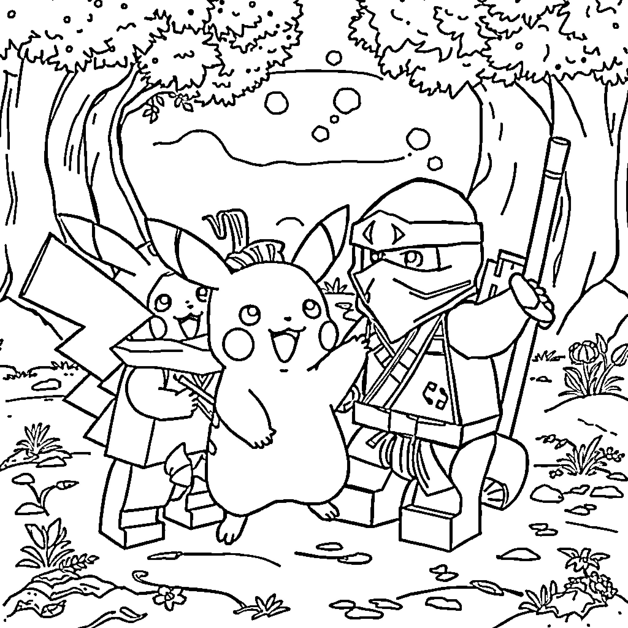 Ninjago characters in forest adventure Coloring Page (free black-and-white line drawing printable PDF for all, from beginners to advanced learners, including children, teens, adults, and seniors)