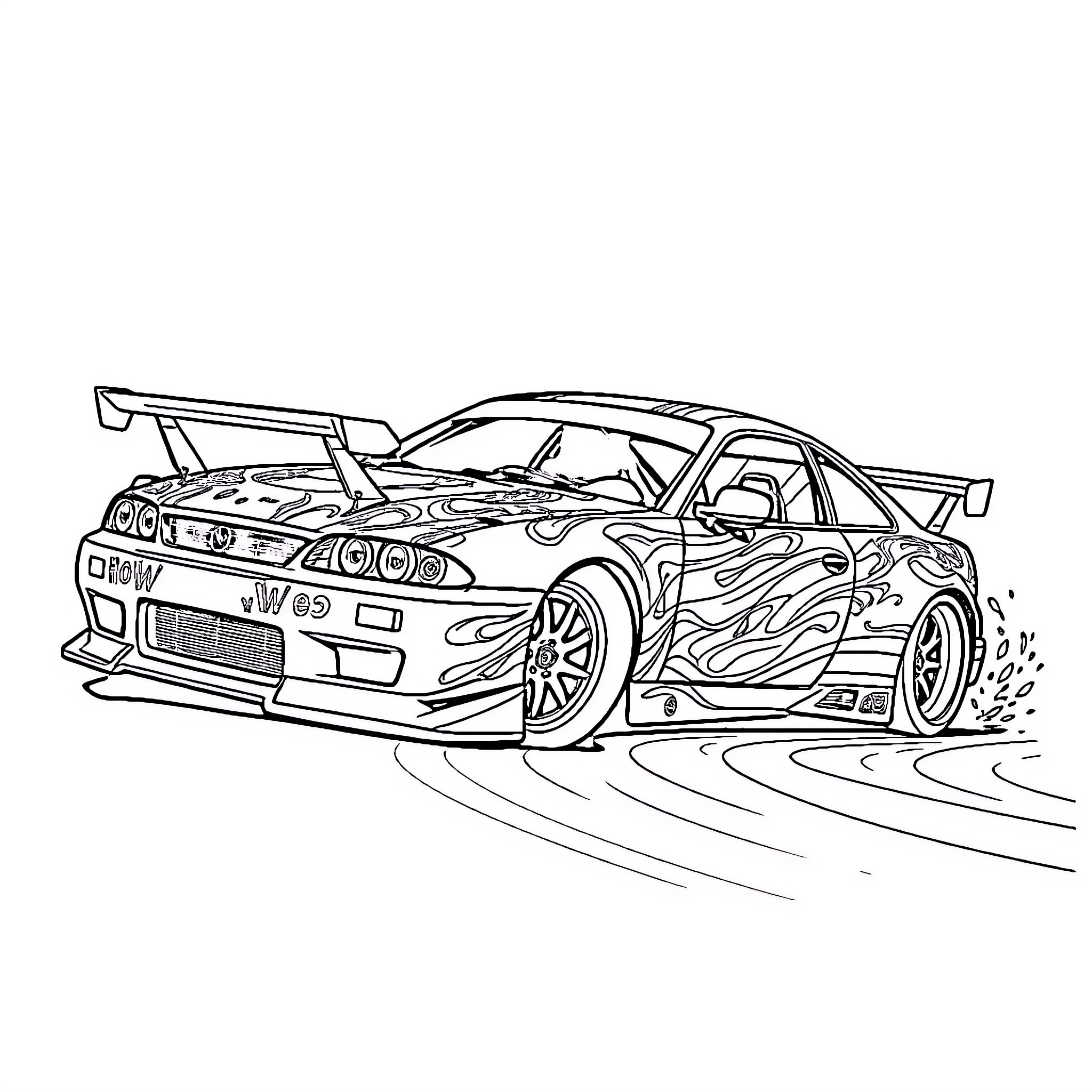 Drift Car Performing Risky Maneuvers on Track Coloring Page (free black-and-white line drawing printable PDF for all, from beginners to advanced learners, including children, teens, adults, and seniors)