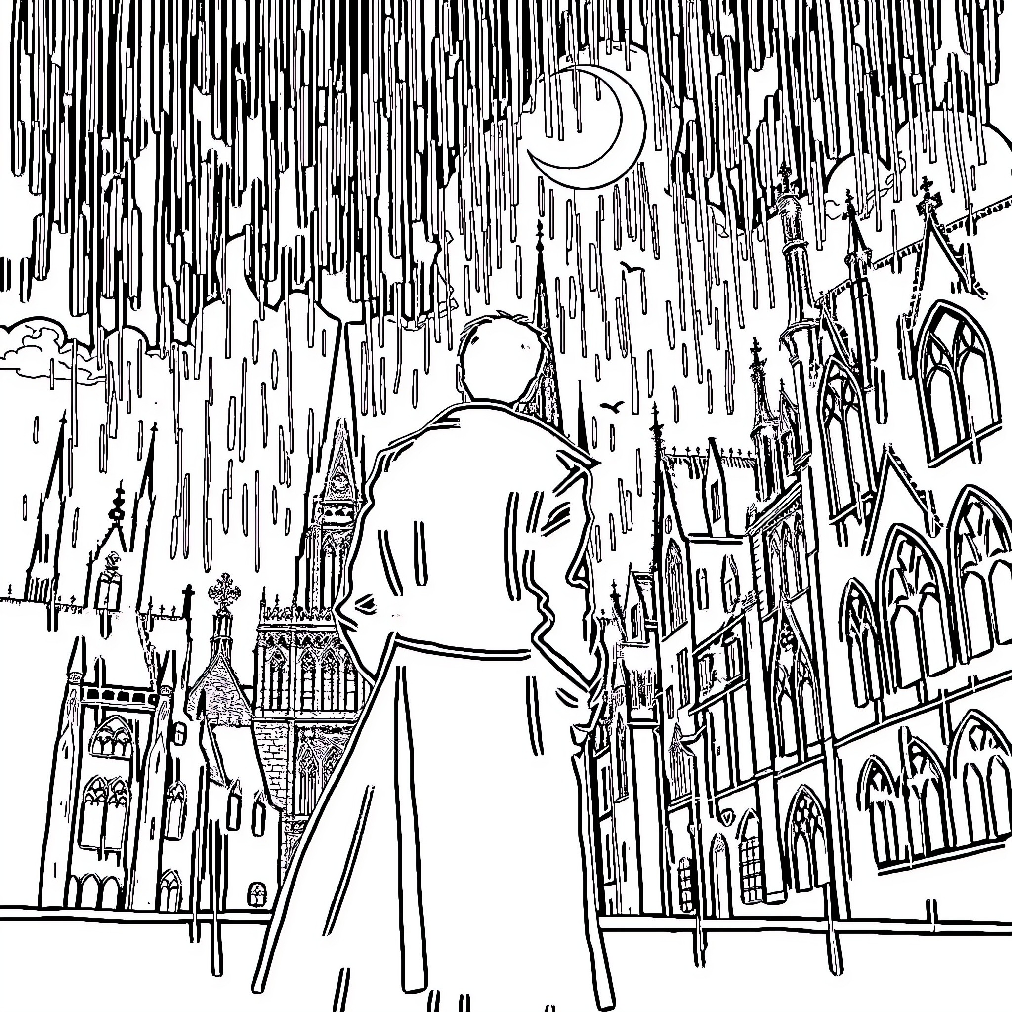 Guy walking through mysterious gothic city at night Coloring Page (free black-and-white line drawing printable PDF for all, from beginners to advanced learners, including children, teens, adults, and seniors)
