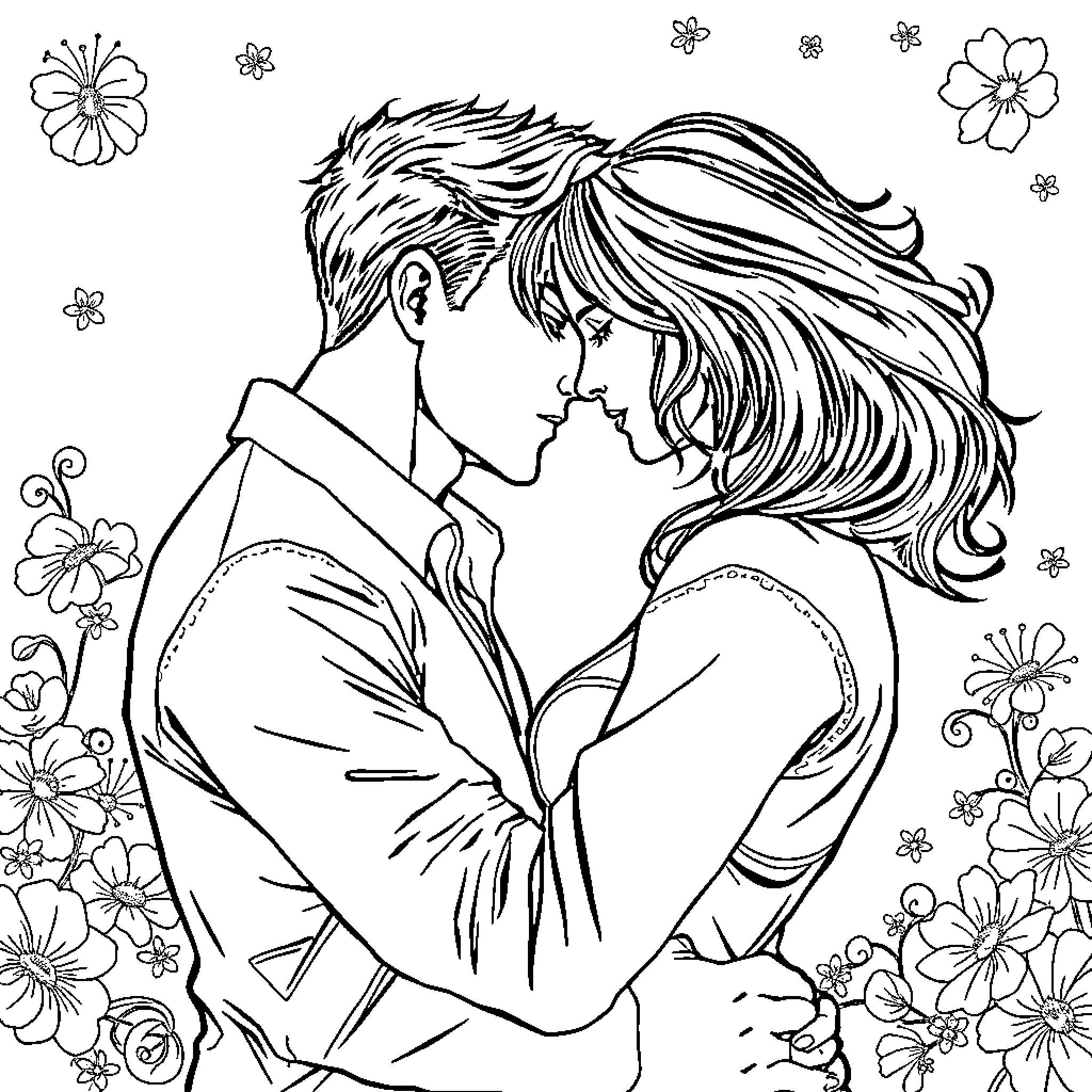 Man and woman embrace tenderly in flowers Coloring Page (free black-and-white line drawing printable PDF for all, from beginners to advanced learners, including children, teens, adults, and seniors)