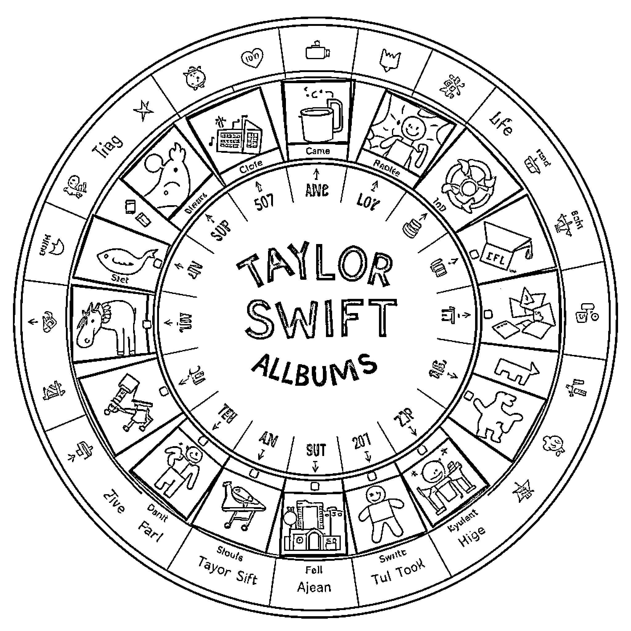 Taylor Swift album discography chart Coloring Page (free black-and-white line drawing printable PDF for all, from beginners to advanced learners, including children, teens, adults, and seniors)