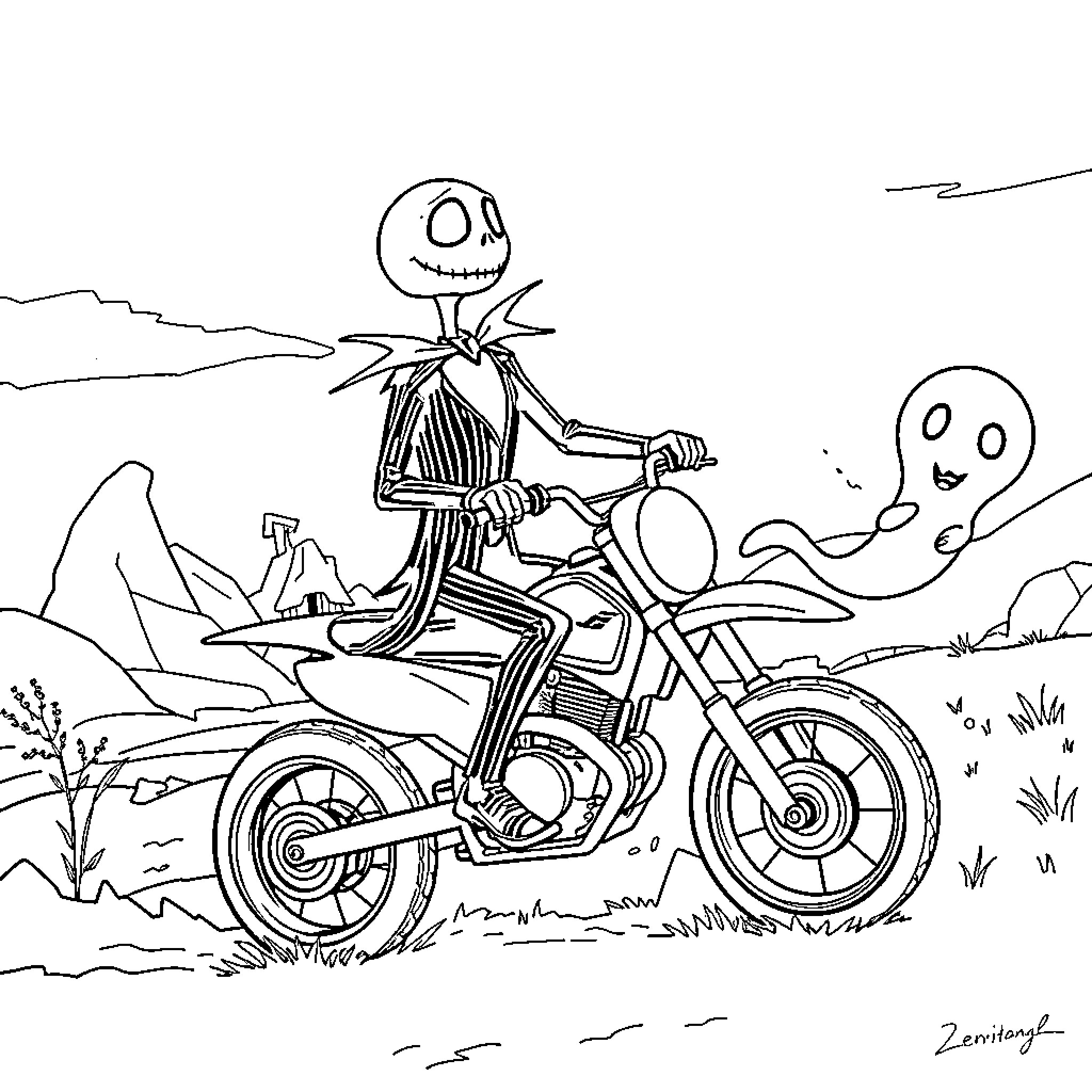 Jack Skellington's Spooky Motorcycle Ride Coloring Page (free black-and-white line drawing printable PDF for all, from beginners to advanced learners, including children, teens, adults, and seniors)