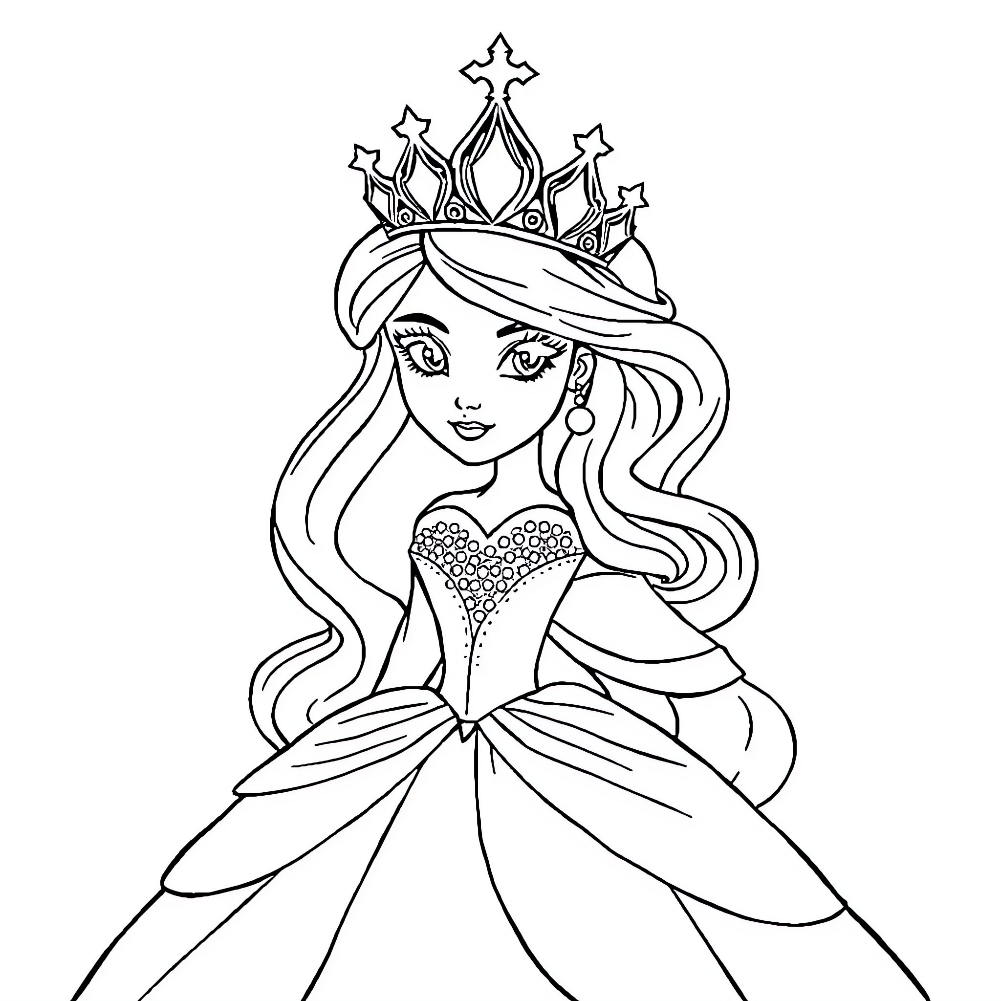 Princess in Elegant Gown and Crown Coloring Page (free black-and-white line drawing printable PDF for all, from beginners to advanced learners, including children, teens, adults, and seniors)