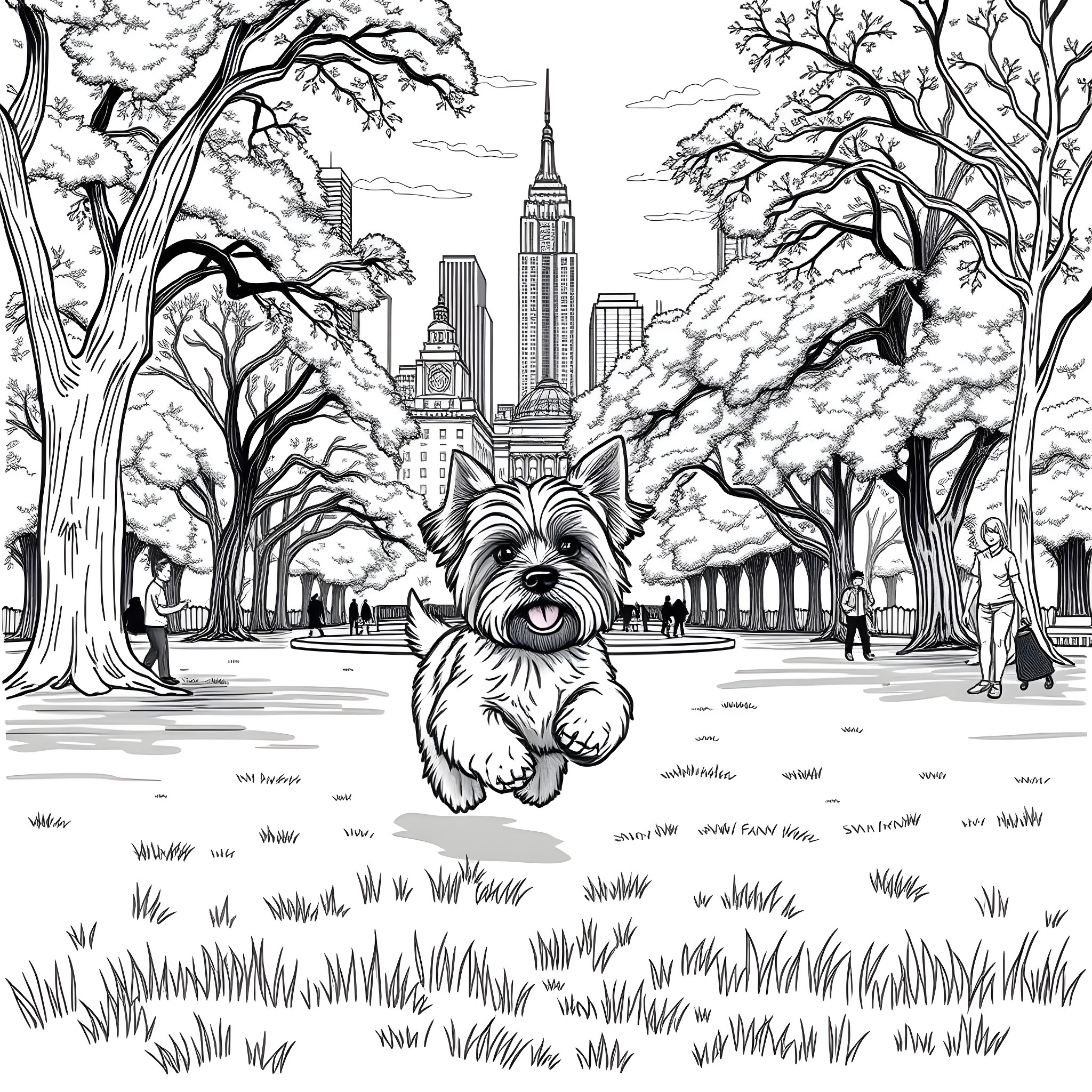 Yorkie enjoying a snowy day in the city park Coloring Page (free black-and-white line drawing printable PDF for all, from beginners to advanced learners, including children, teens, adults, and seniors)