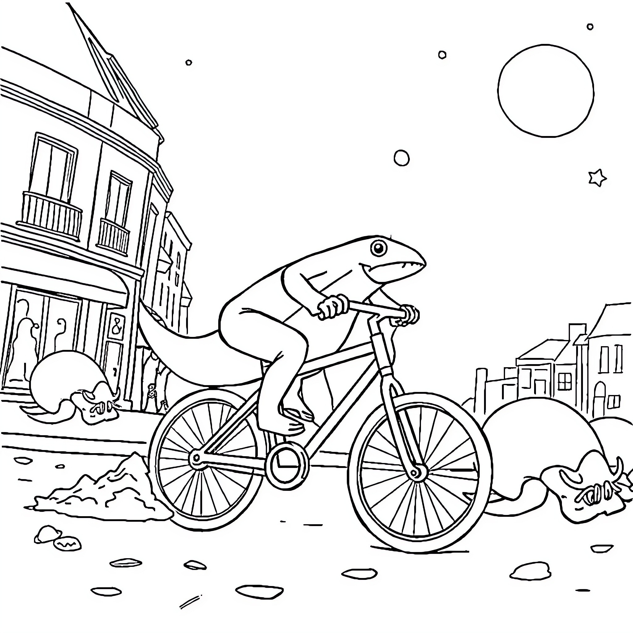 Requin Marteau riding a bicycle through the city Coloring Page (free black-and-white line drawing printable PDF for all, from beginners to advanced learners, including children, teens, adults, and seniors)