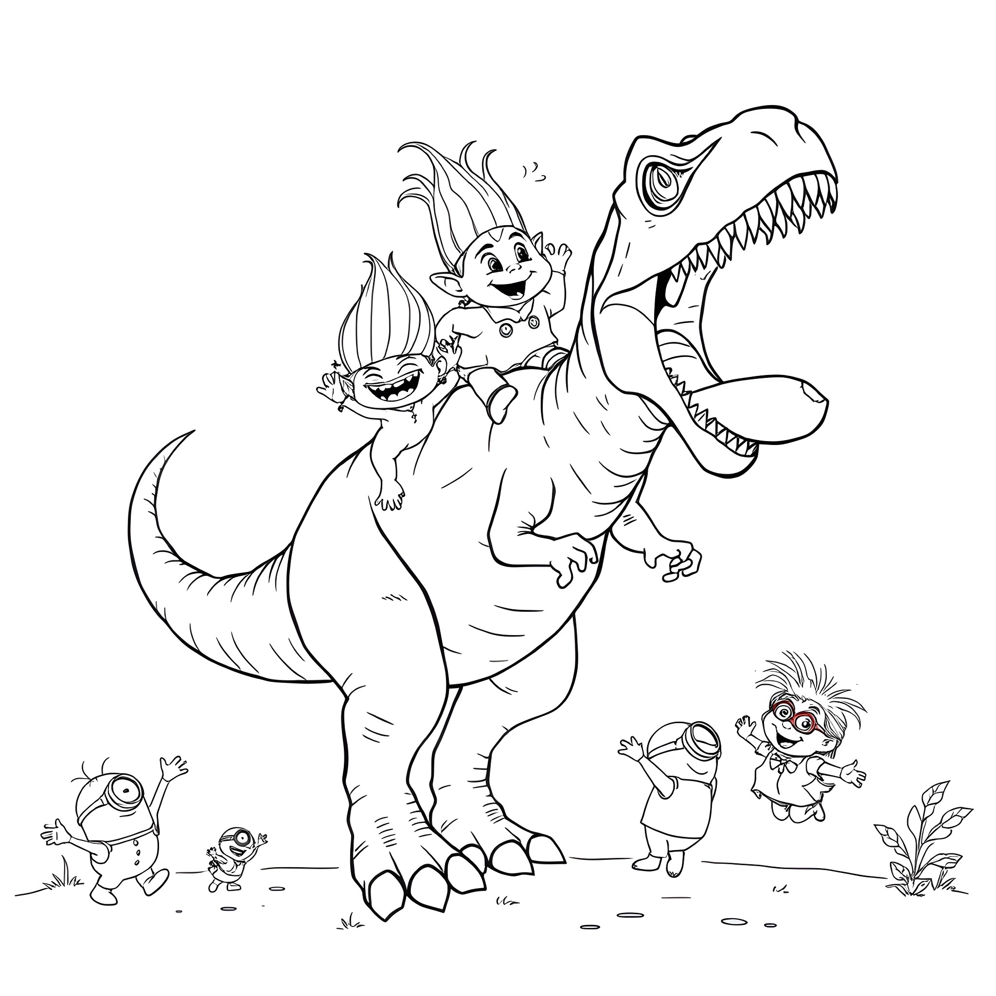 Troll characters riding a ferocious dinosaur Coloring Page (free black-and-white line drawing printable PDF for all, from beginners to advanced learners, including children, teens, adults, and seniors)