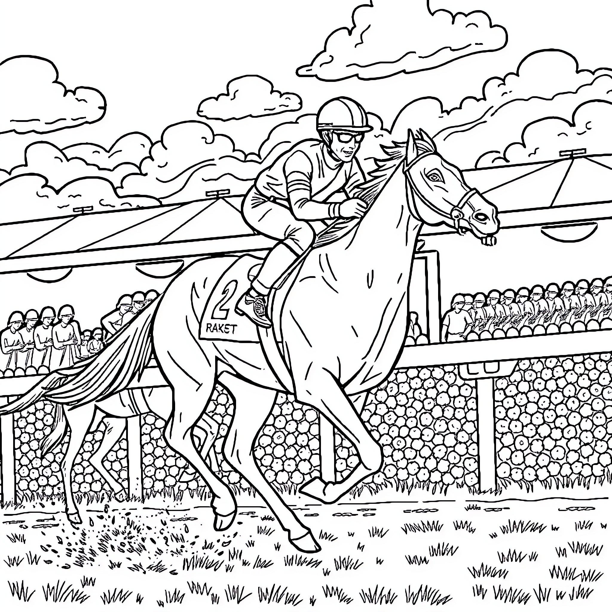 Flamingo Jockey Races Through Crowd at Equestrian Event Coloring Page (free black-and-white line drawing printable PDF for all, from beginners to advanced learners, including children, teens, adults, and seniors)