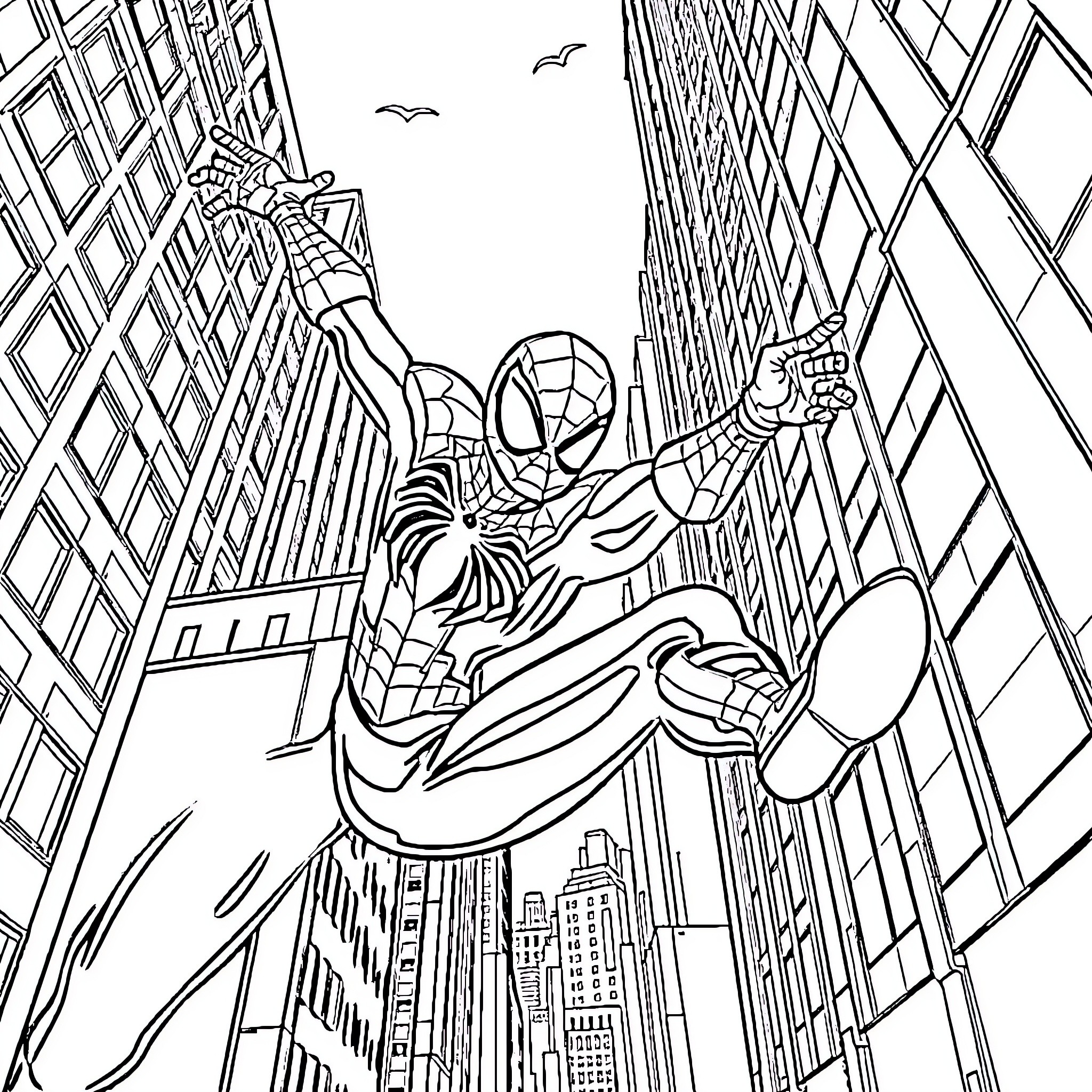 Spider-Man swinging through the city skyscrapers Coloring Page (free black-and-white line drawing printable PDF for all, from beginners to advanced learners, including children, teens, adults, and seniors)