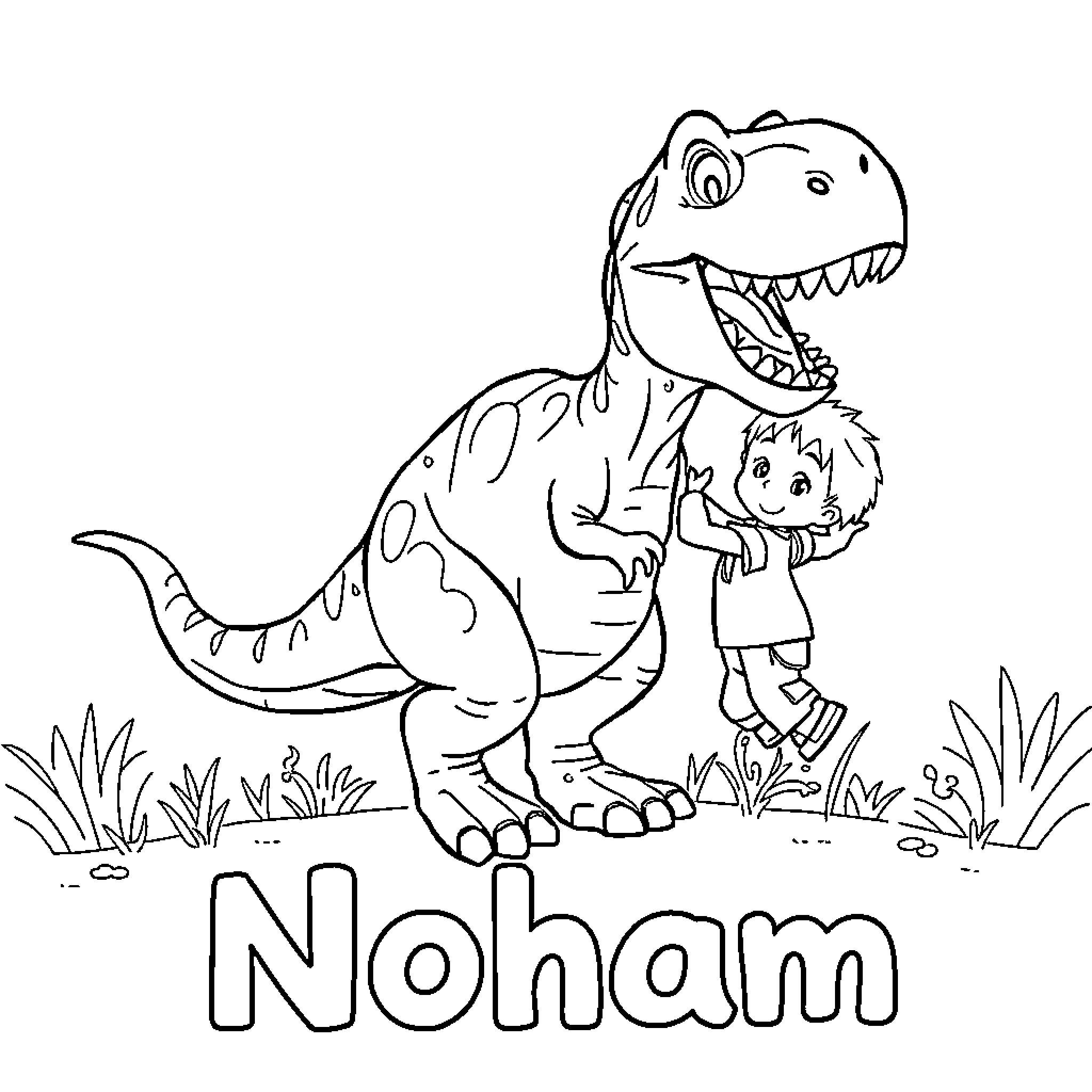 Dinosaur playing with young boy in nature Coloring Page (free black-and-white line drawing printable PDF for all, from beginners to advanced learners, including children, teens, adults, and seniors)