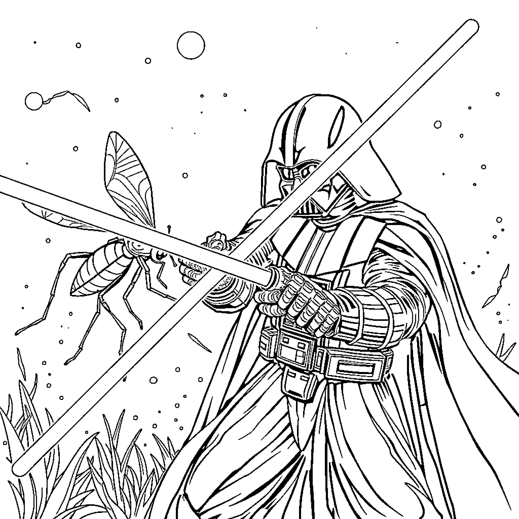Darth Vader battling a giant space insect Coloring Page (free black-and-white line drawing printable PDF for all, from beginners to advanced learners, including children, teens, adults, and seniors)