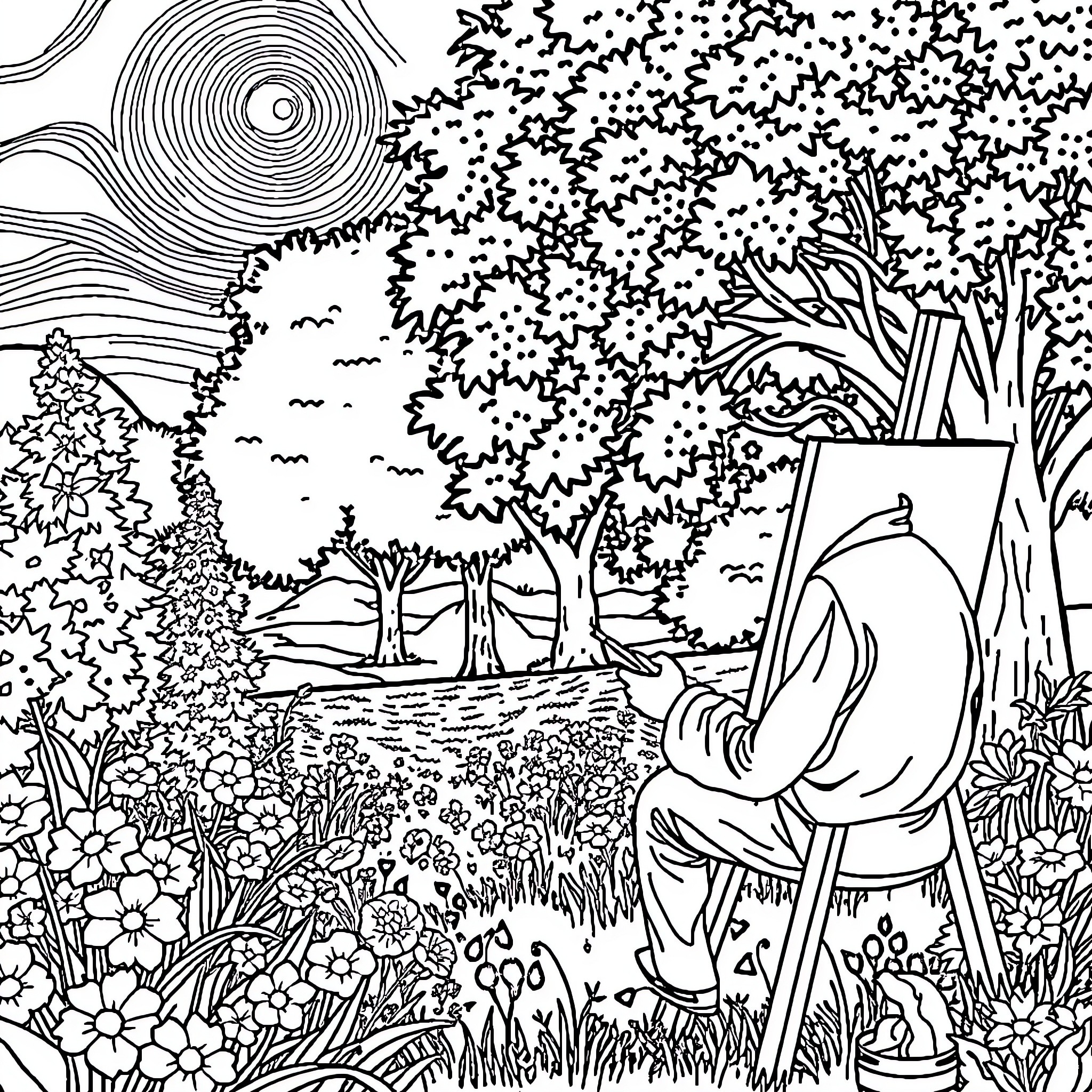 Van Gogh-inspired Artist Painting Scenic Landscape Coloring Page (free black-and-white line drawing printable PDF for all, from beginners to advanced learners, including children, teens, adults, and seniors)