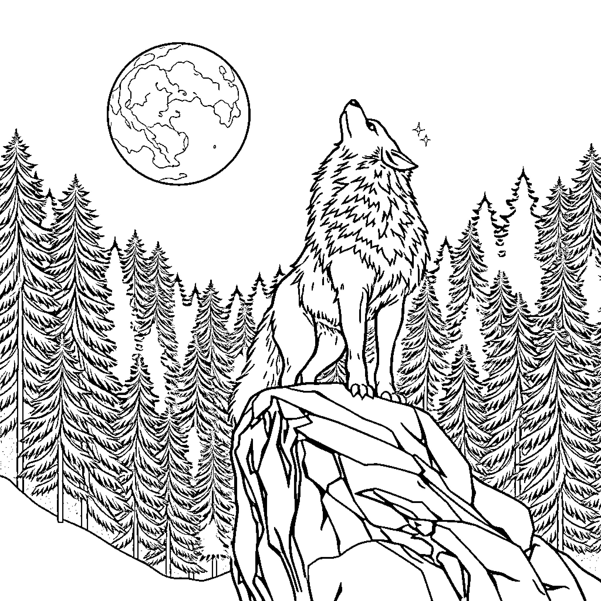 Wolf howling under the night sky Coloring Page (free black-and-white line drawing printable PDF for all, from beginners to advanced learners, including children, teens, adults, and seniors)