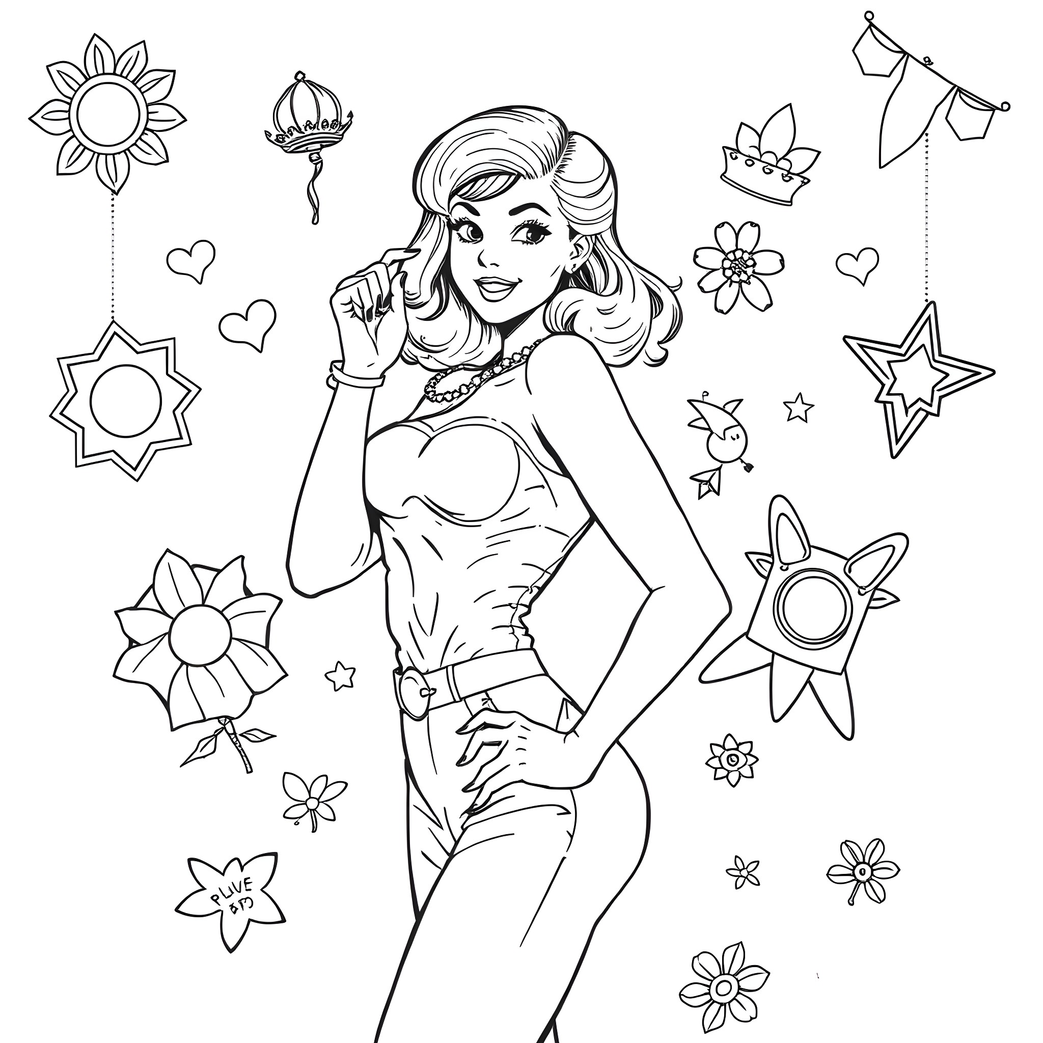 Pin-Up Girl with Floral Accessories Coloring Page (free black-and-white line drawing printable PDF for all, from beginners to advanced learners, including children, teens, adults, and seniors)