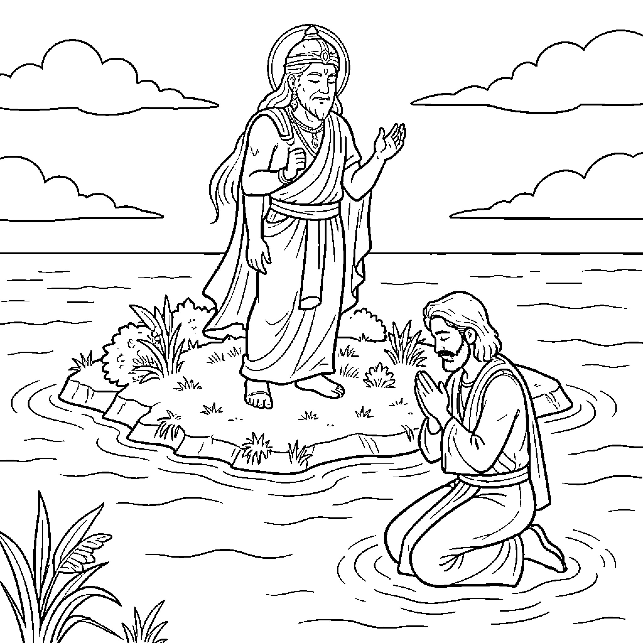 God standing on an island while a man prays Coloring Page (free black-and-white line drawing printable PDF for all, from beginners to advanced learners, including children, teens, adults, and seniors)