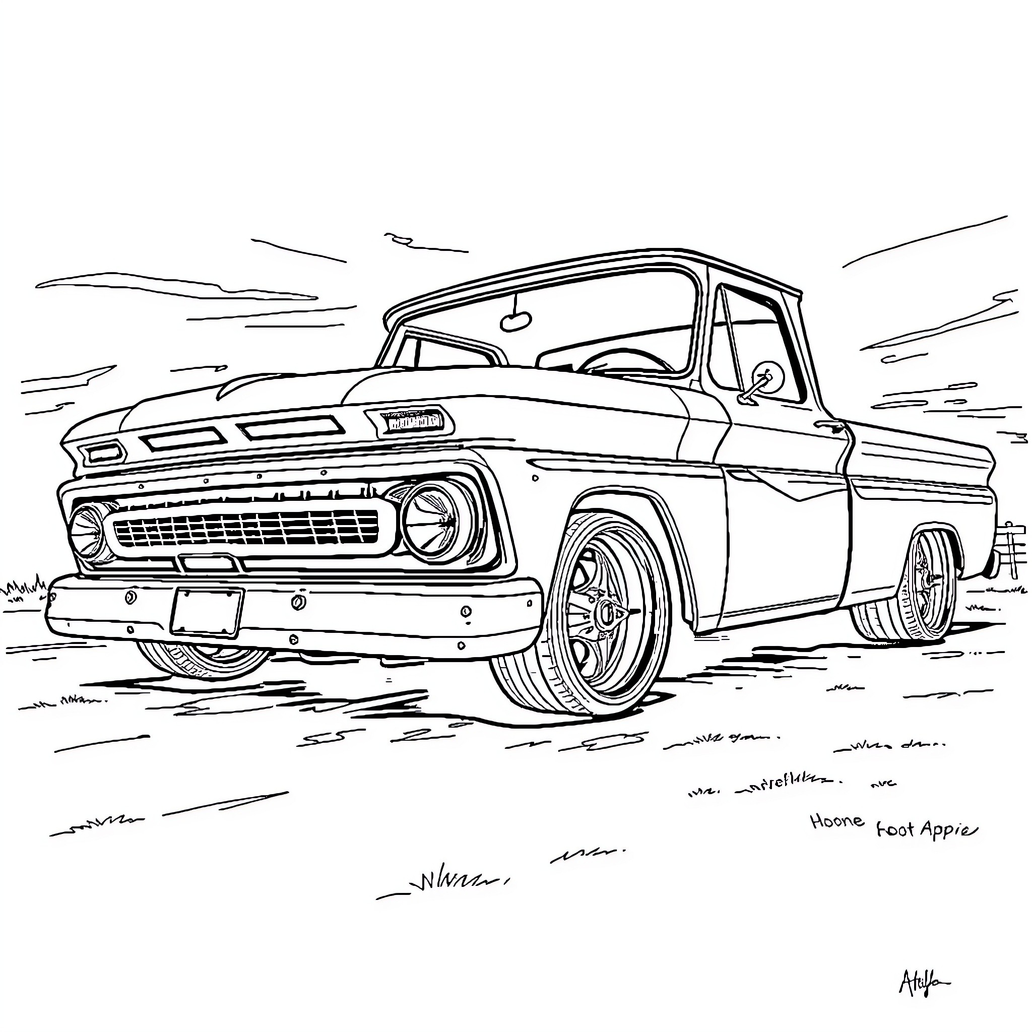 Chevy pickup truck in classic style Coloring Page (free black-and-white line drawing printable PDF for all, from beginners to advanced learners, including children, teens, adults, and seniors)