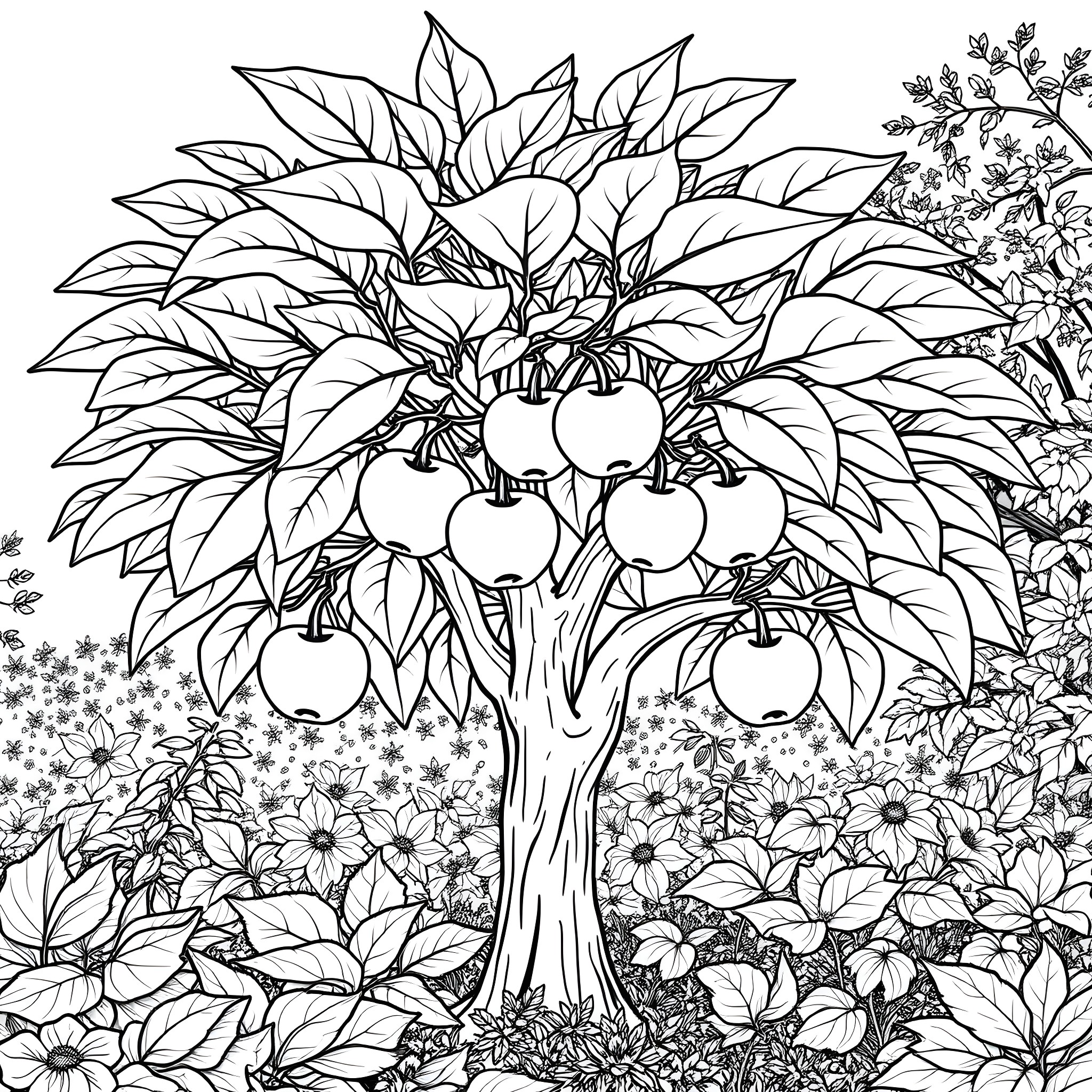 Mayapple tree with abundant fruits and blooms Coloring Page (free black-and-white line drawing printable PDF for all, from beginners to advanced learners, including children, teens, adults, and seniors)